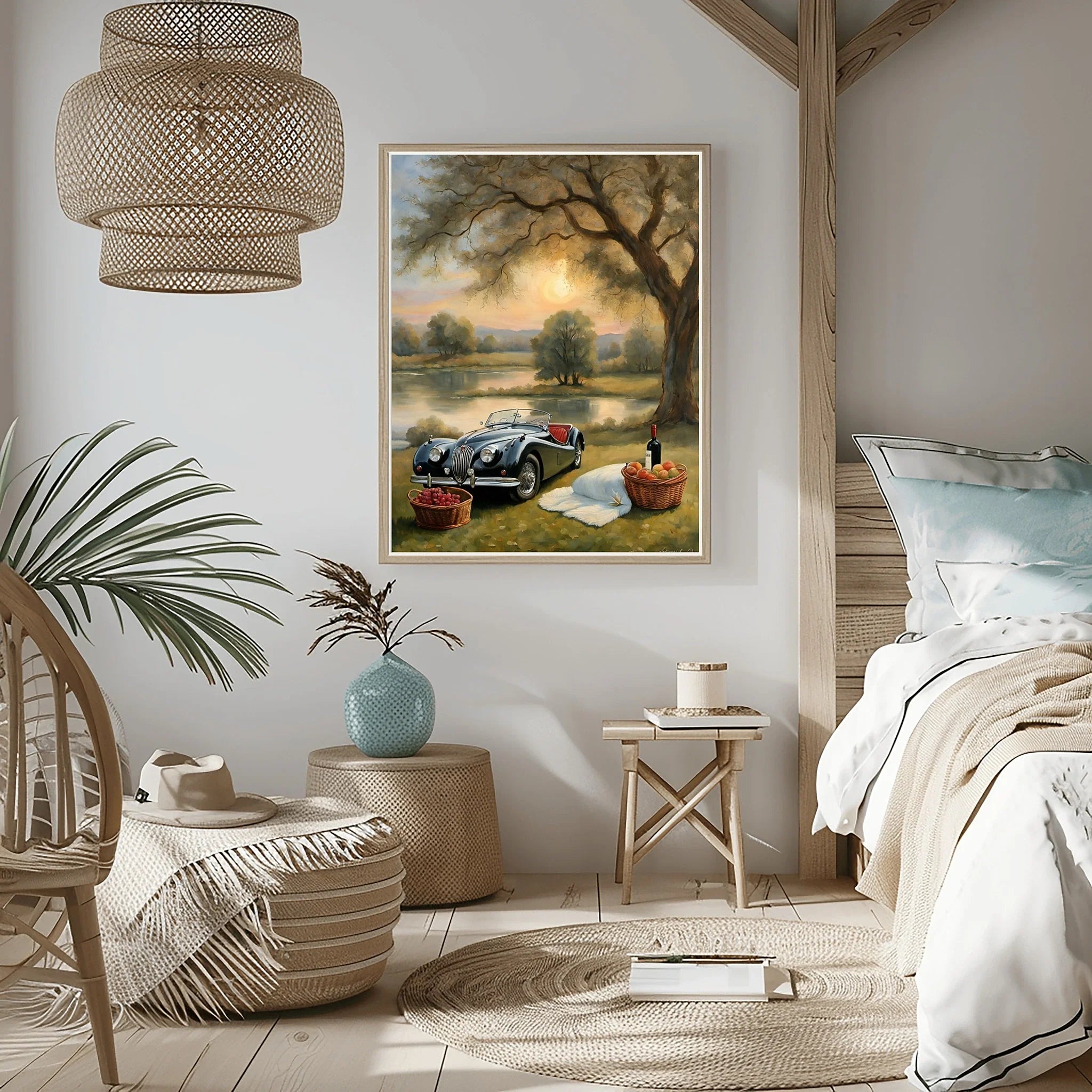 1950 British Racing Roadster Lakeside Picnic Wall Art | Vintage Leisure Print