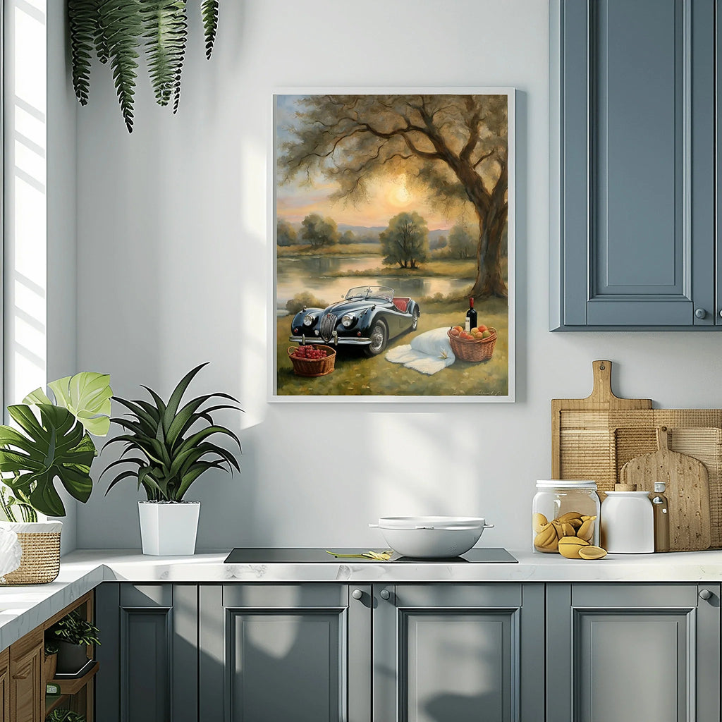 1950 British Racing Roadster Lakeside Picnic Wall Art | Vintage Leisure Print
