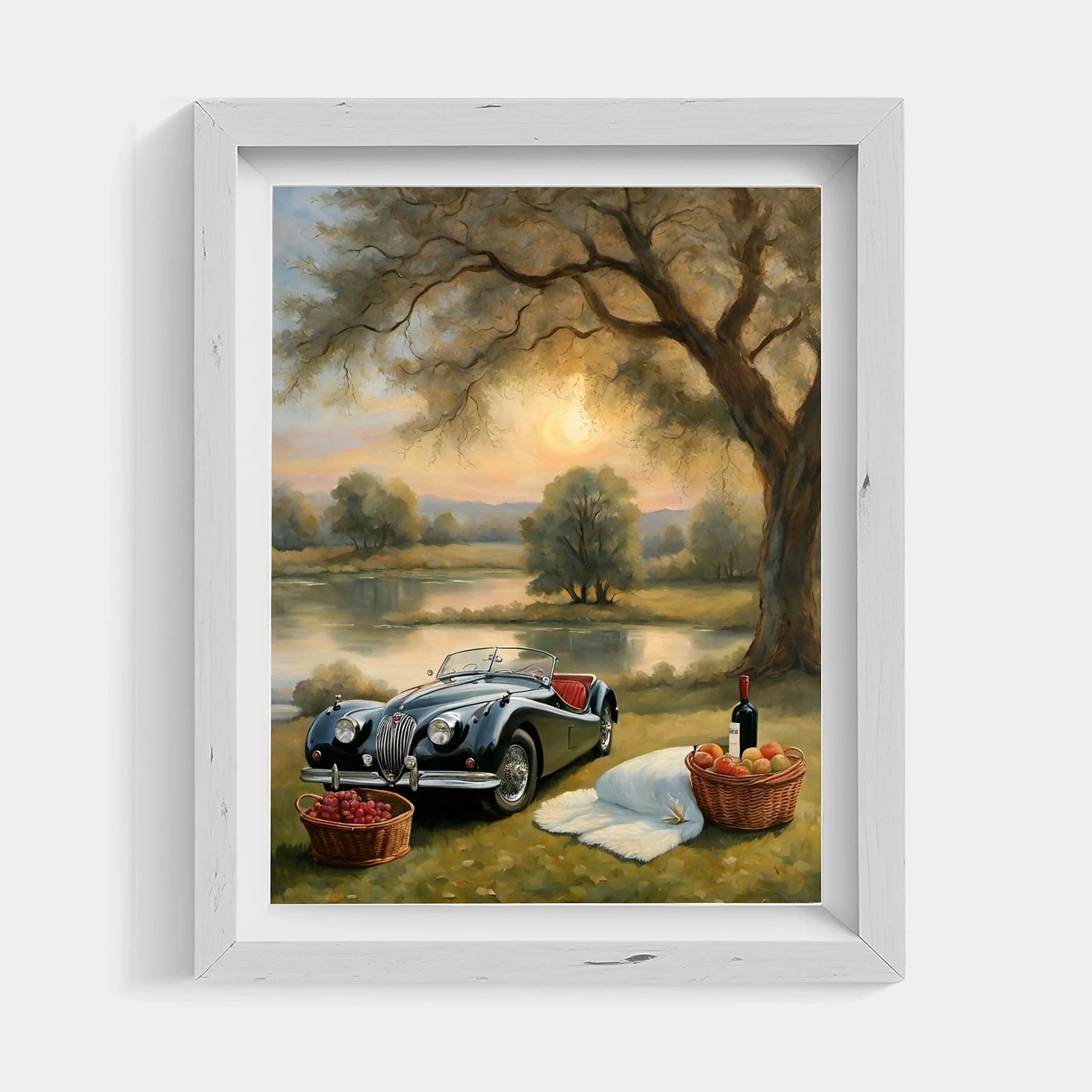 1950 British Racing Roadster Lakeside Picnic Wall Art | Vintage Leisure Print