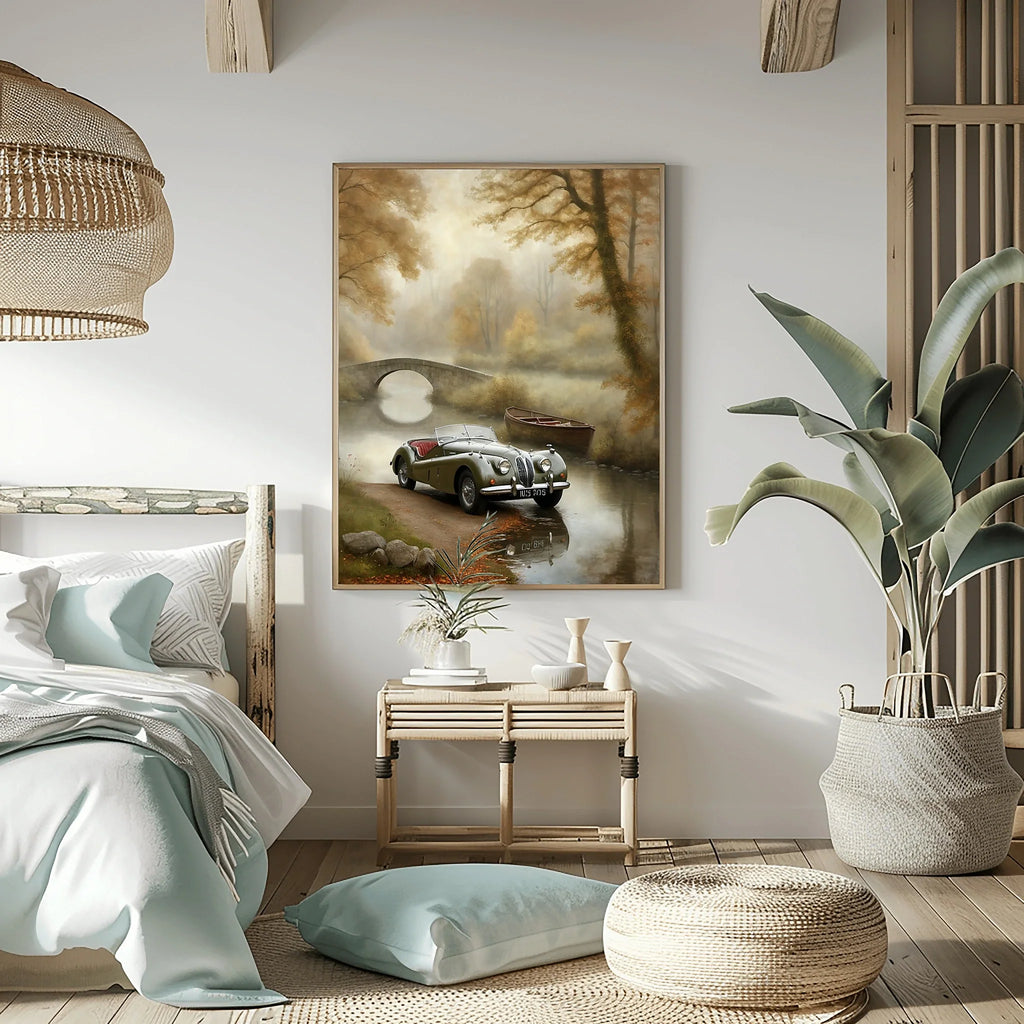 1950 British Racing Roadster River Bridge Wall Art | Mist & Vintage Car Print