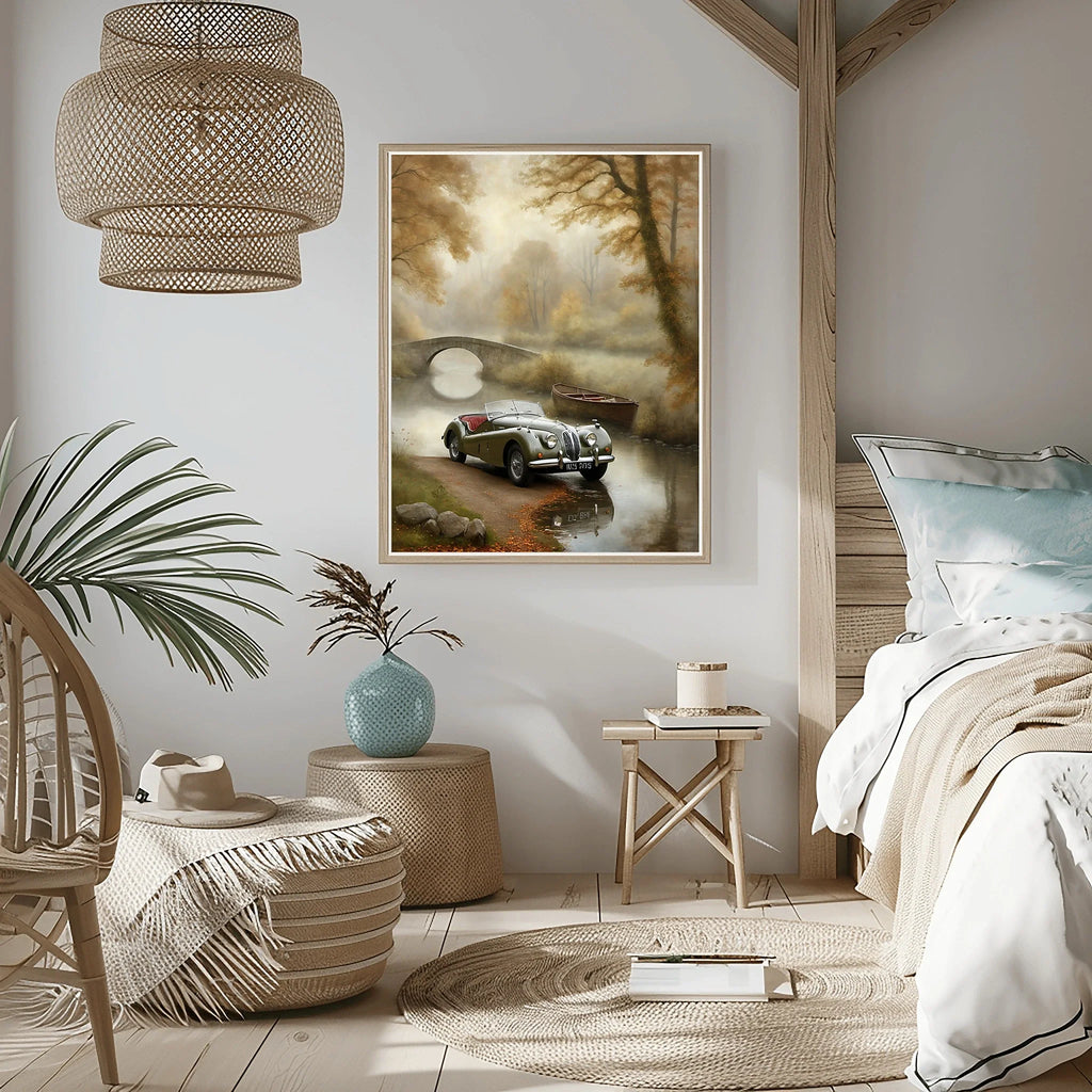 1950 British Racing Roadster River Bridge Wall Art | Mist & Vintage Car Print