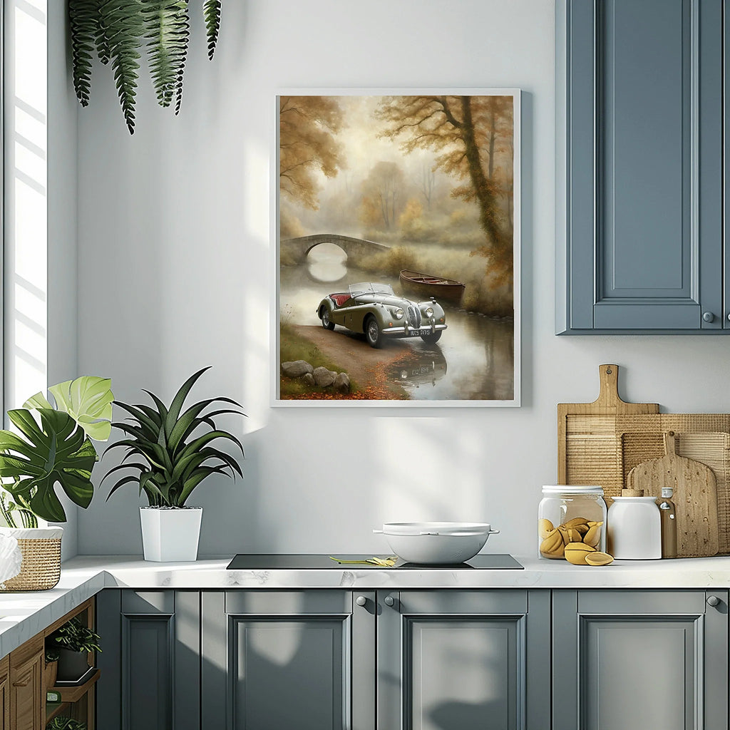 1950 British Racing Roadster River Bridge Wall Art | Mist & Vintage Car Print