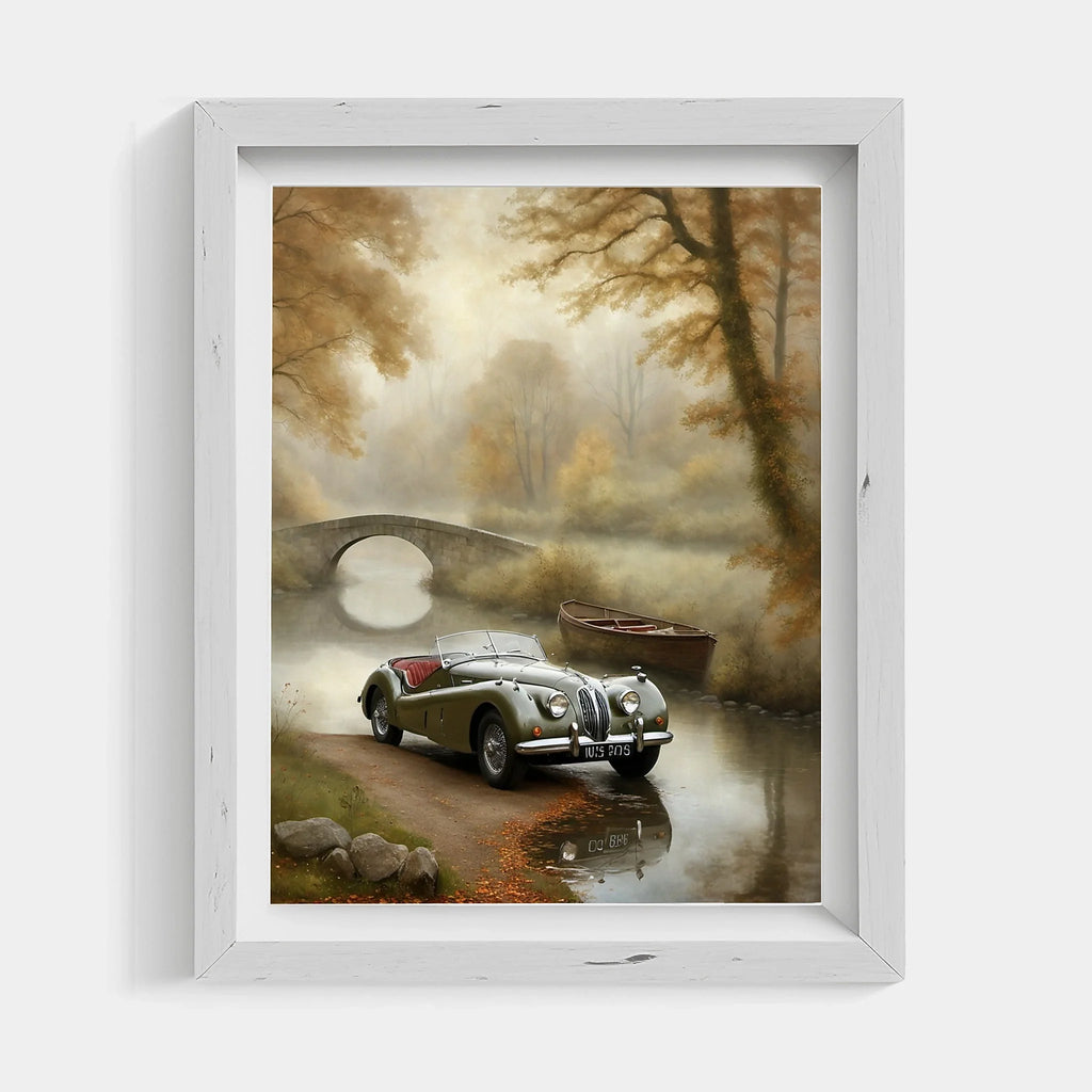 1950 British Racing Roadster River Bridge Wall Art | Mist & Vintage Car Print