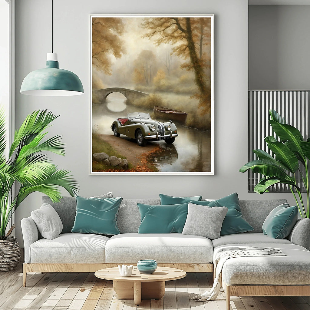 1950 British Racing Roadster River Bridge Wall Art | Mist & Vintage Car Print