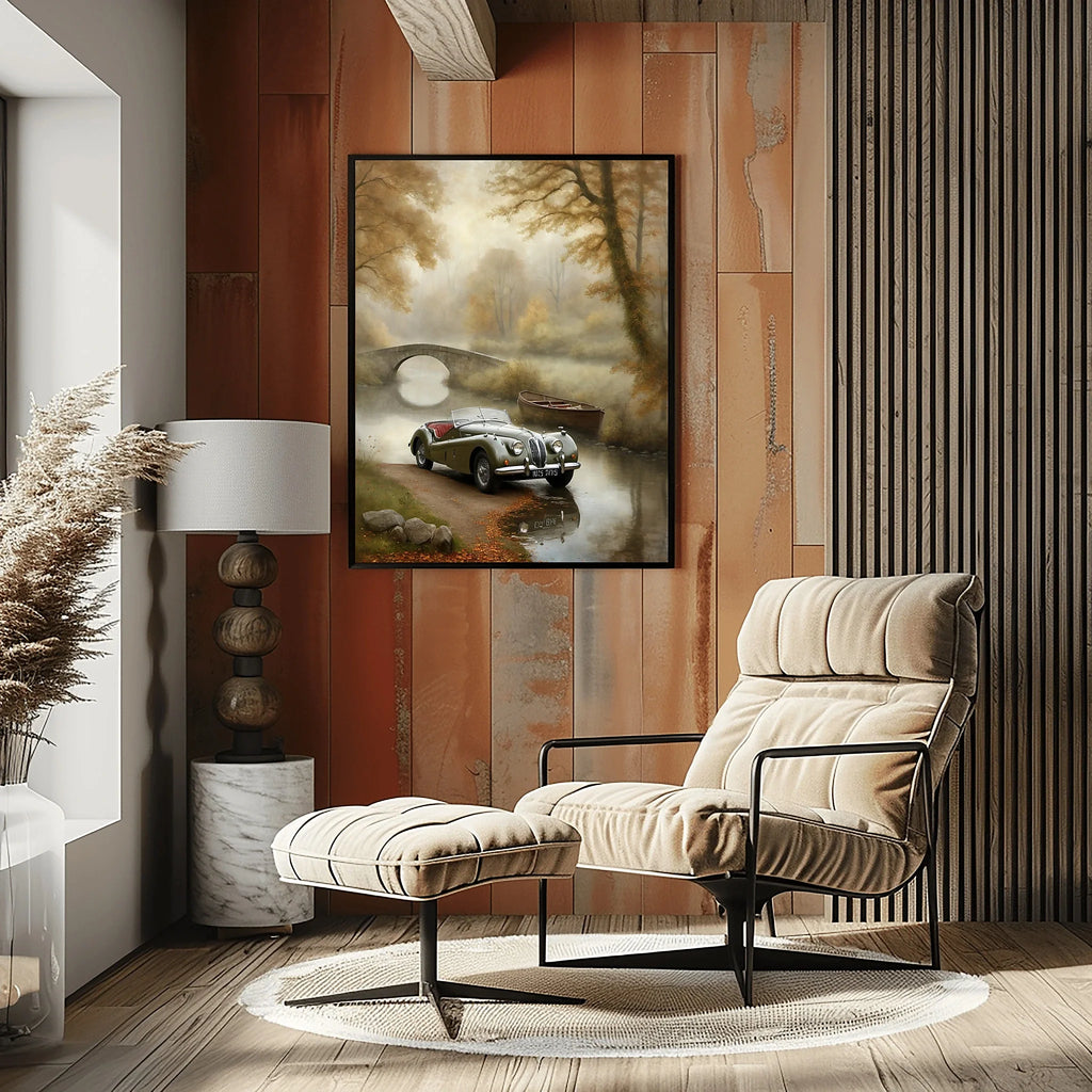 1950 British Racing Roadster River Bridge Wall Art | Mist & Vintage Car Print