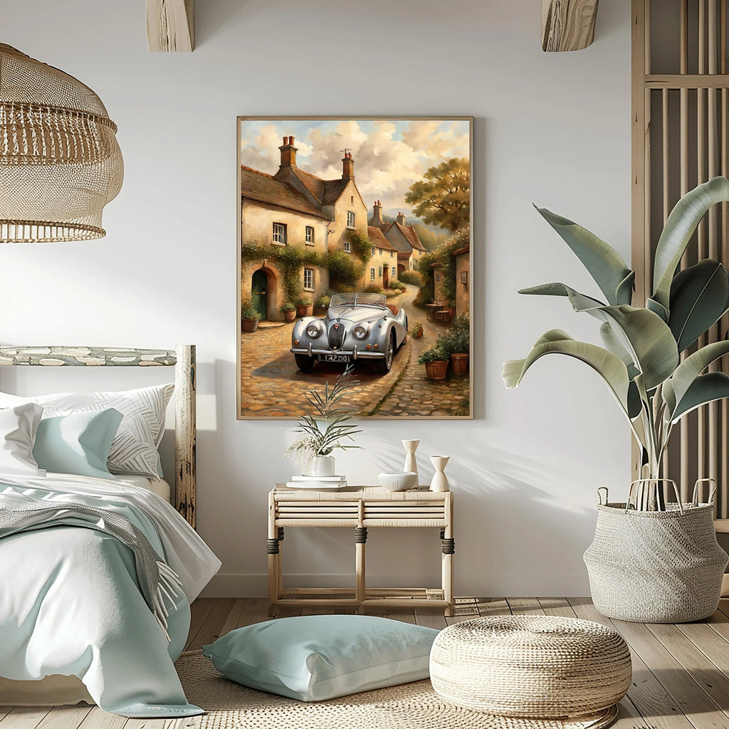 1950 British Racing Roadster Village Street Wall Art | Cobblestone Classic Car Print