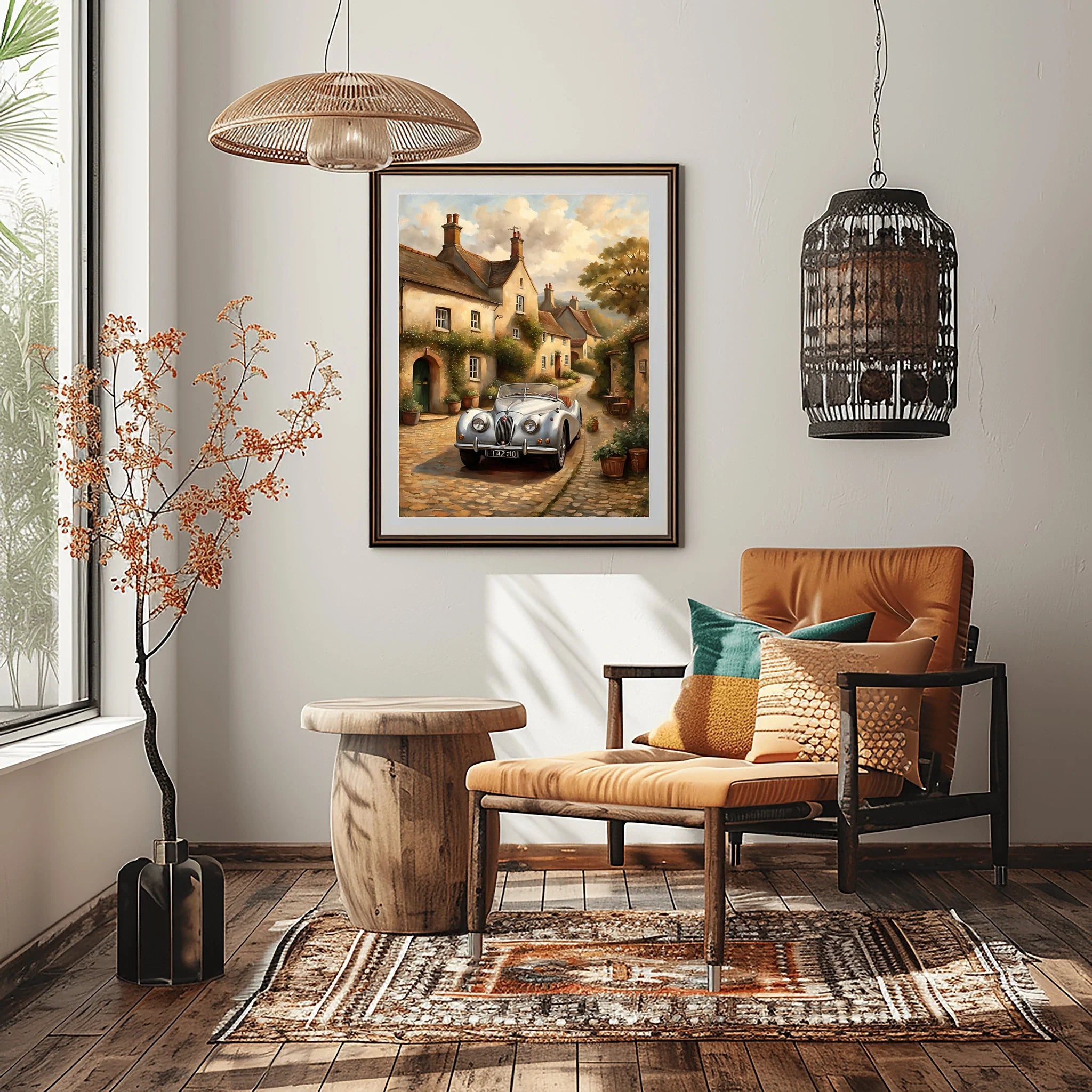 1950 British Racing Roadster Village Street Wall Art | Cobblestone Classic Car Print