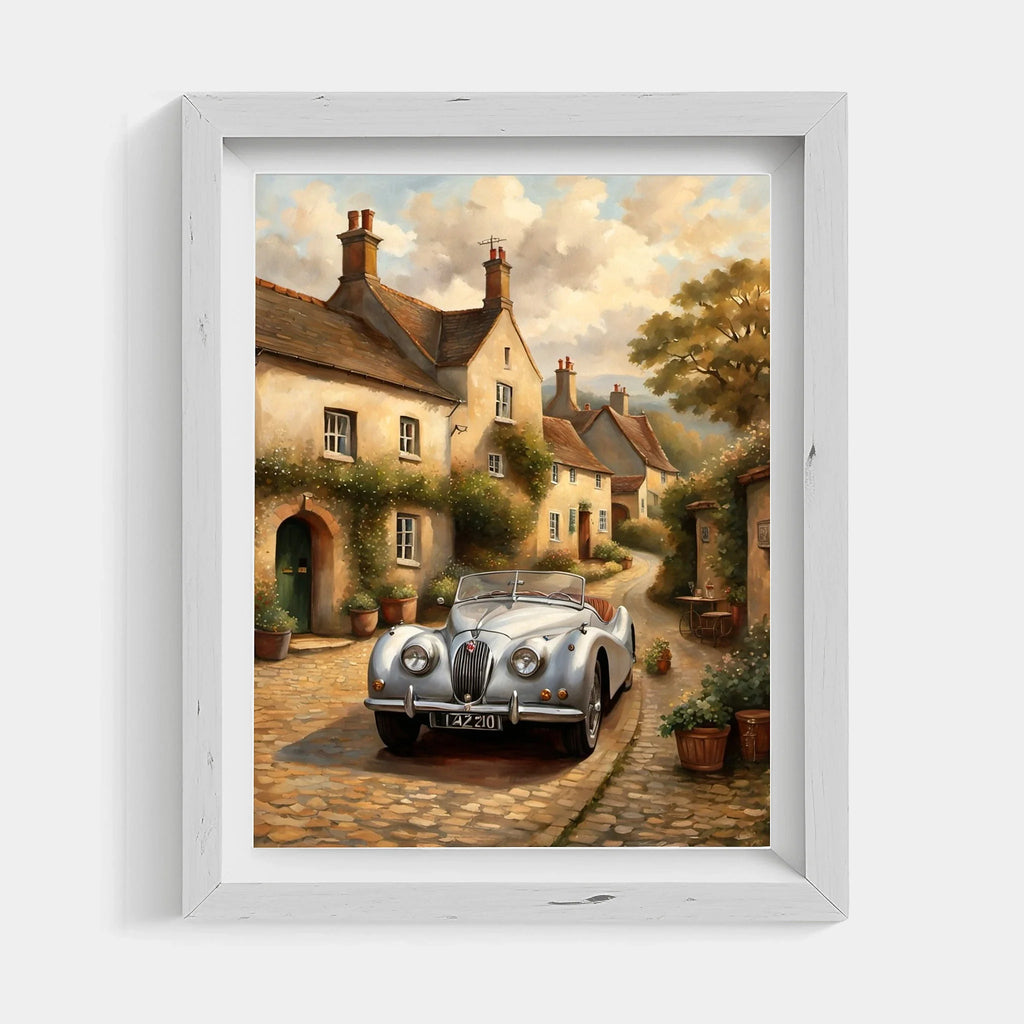 1950 British Racing Roadster Village Street Wall Art | Cobblestone Classic Car Print