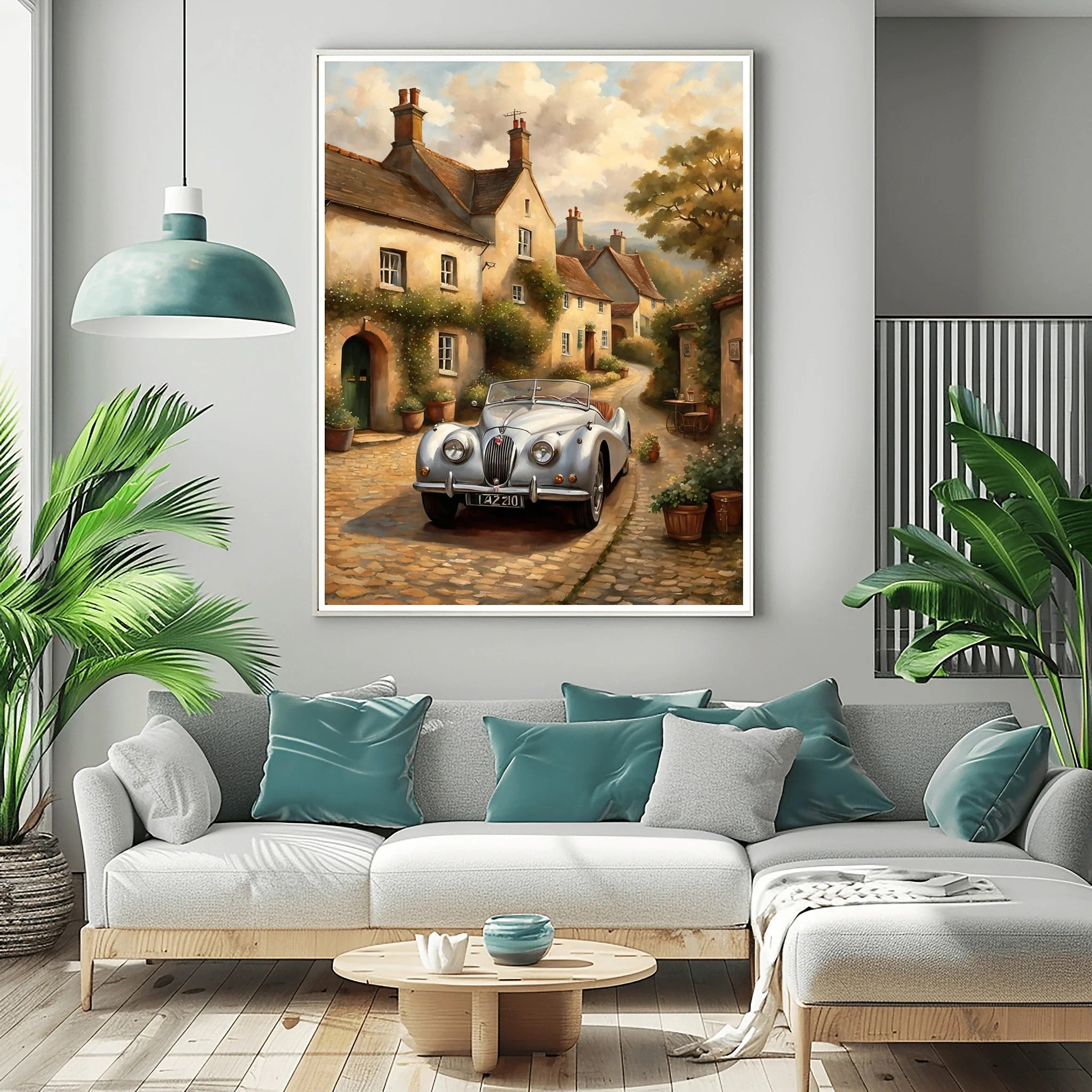 1950 British Racing Roadster Village Street Wall Art | Cobblestone Classic Car Print