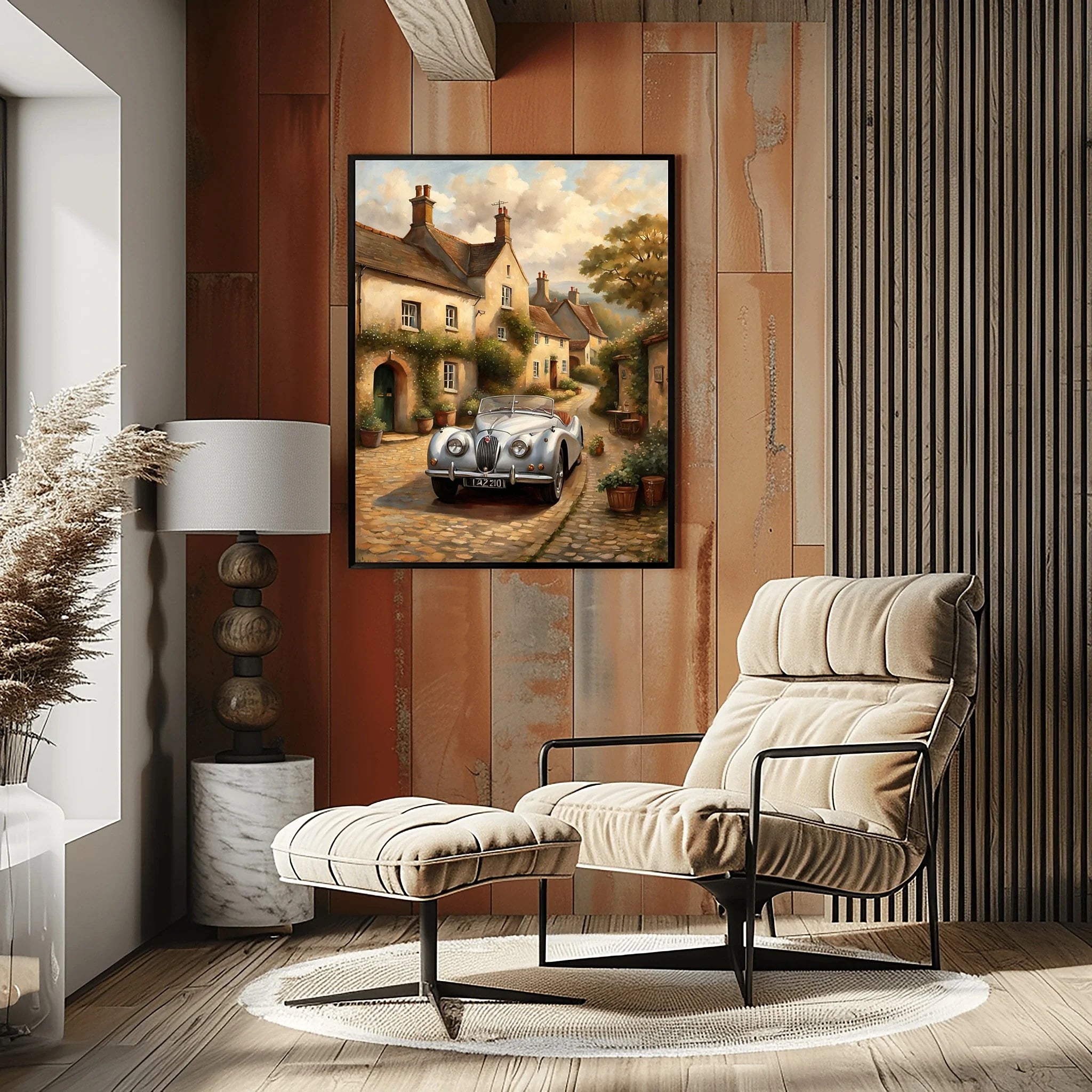 1950 British Racing Roadster Village Street Wall Art | Cobblestone Classic Car Print