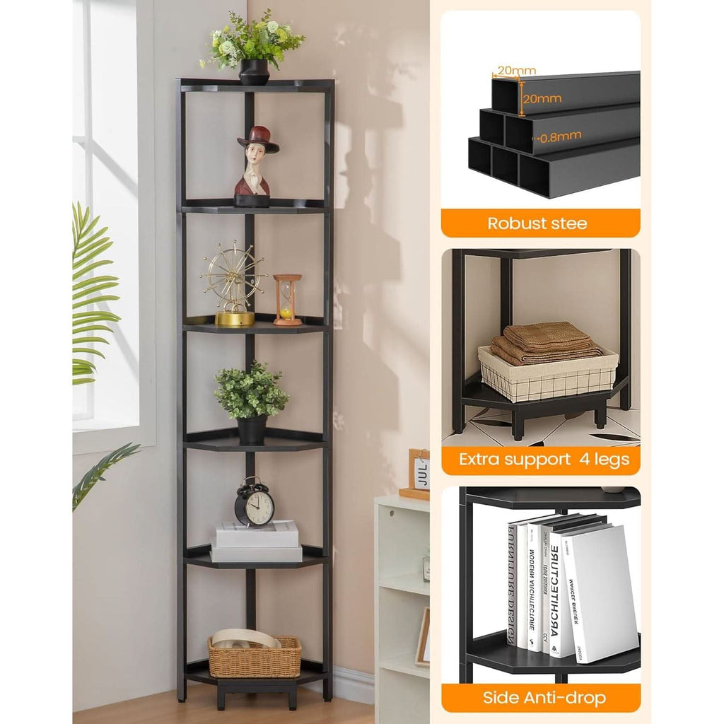6 Tier Black Corner Shelf Stand Bookshelf For Living Room