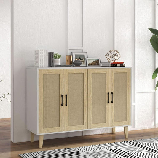 Buffet Storage Cabinet White Rattan Decor 4 Doors 48 Inch