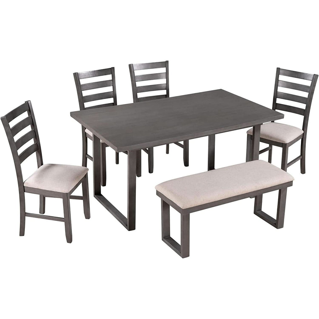 6 Piece Rustic Wood Dining Table Set With Bench And Chairs