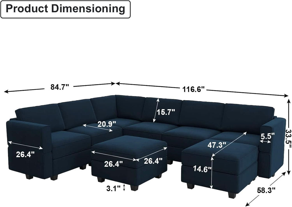 Modular Velvet Sectional Sofa Blue With Storage Ottoman