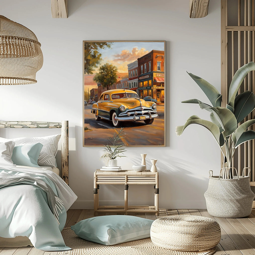 1951 Step-Down Racing Legend Golden Hour Town Wall Art | Vintage Urban Racing Print