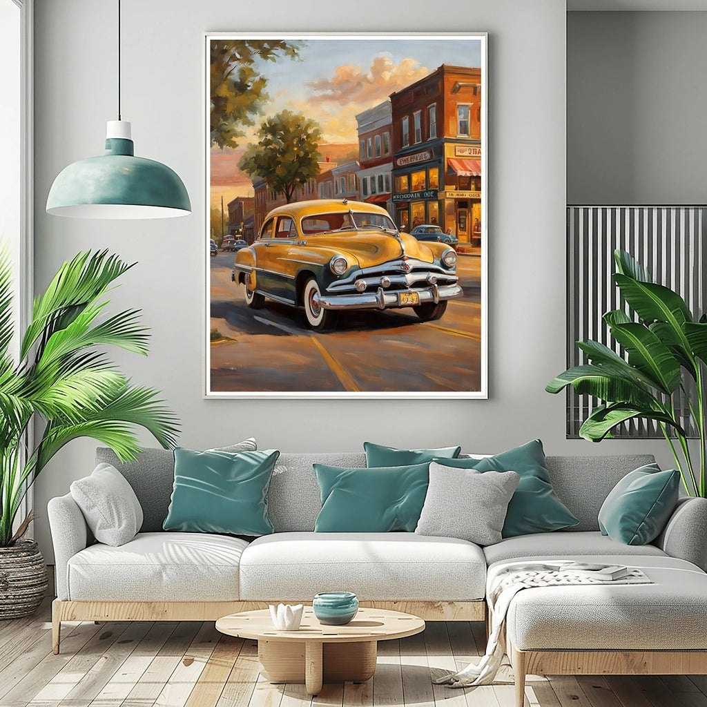 1951 Step-Down Racing Legend Golden Hour Town Wall Art | Vintage Urban Racing Print