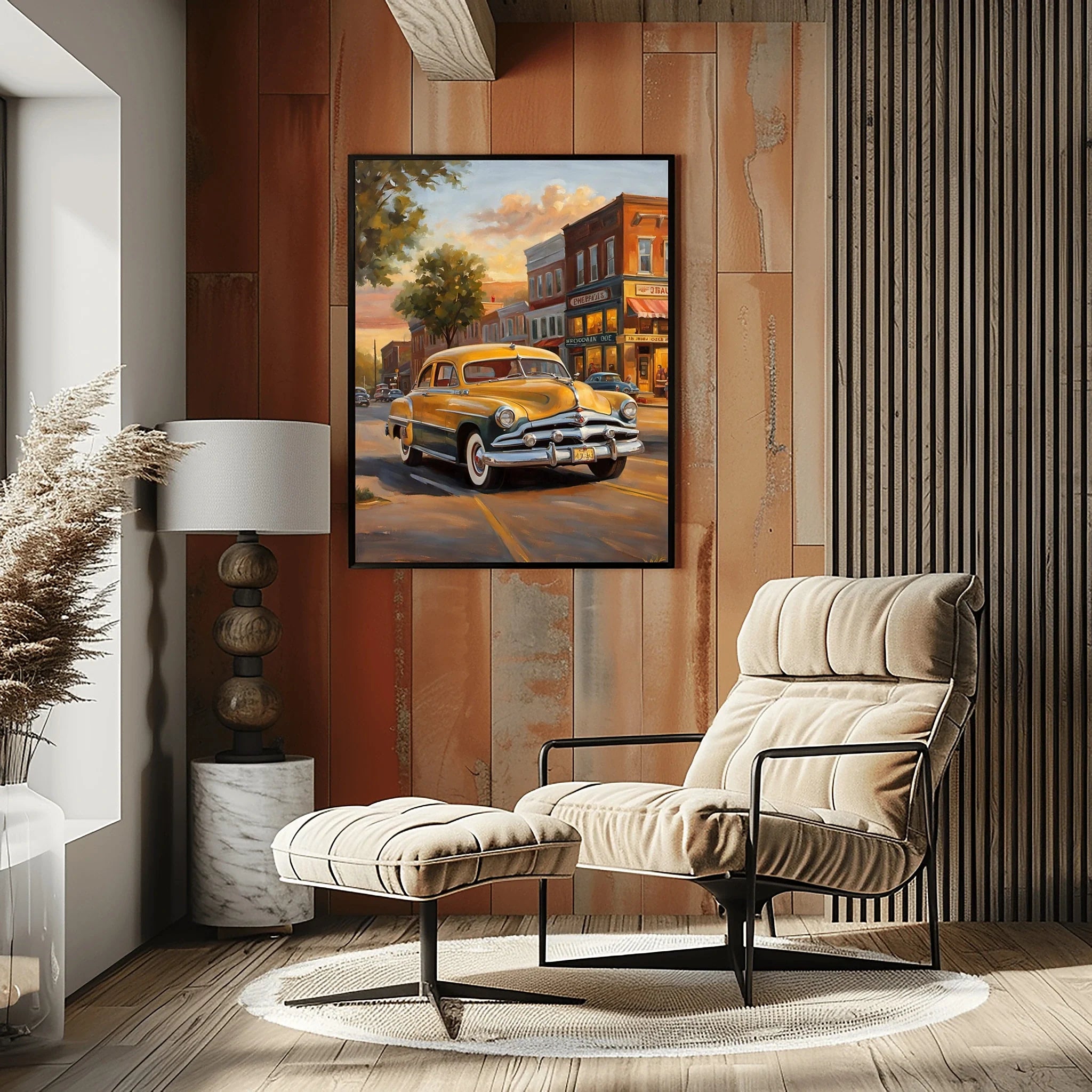 1951 Step-Down Racing Legend Golden Hour Town Wall Art | Vintage Urban Racing Print