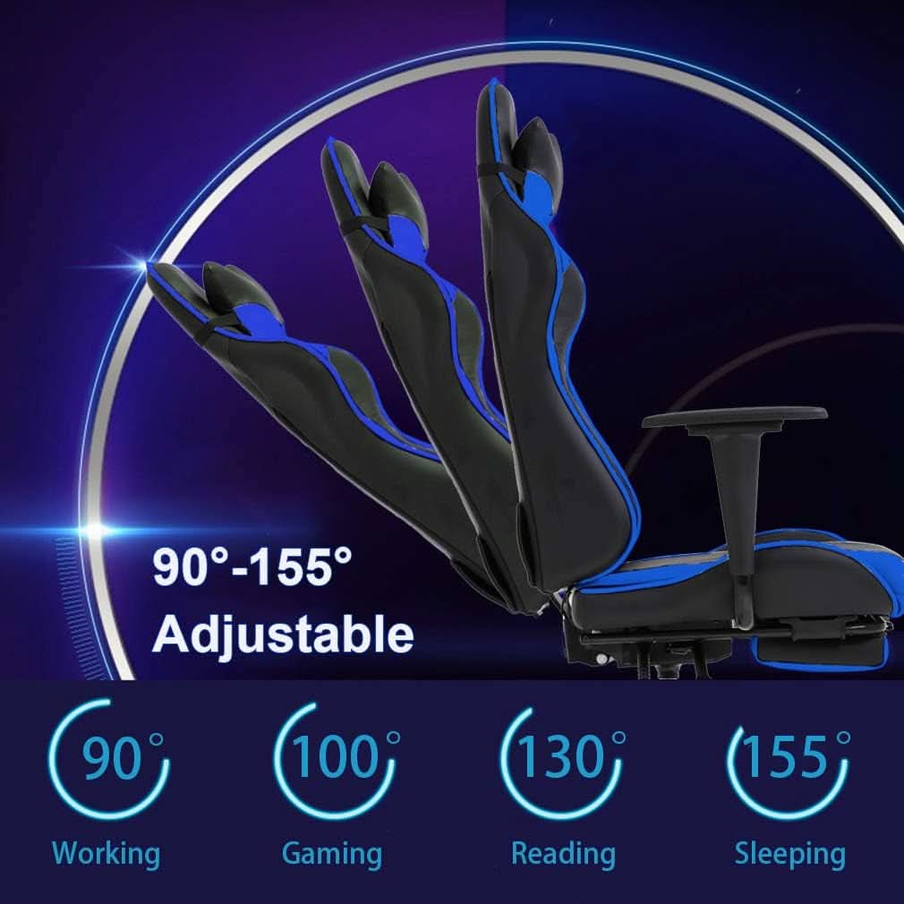 Blue Gaming Chair With Footrest And Lumbar Support For Desk