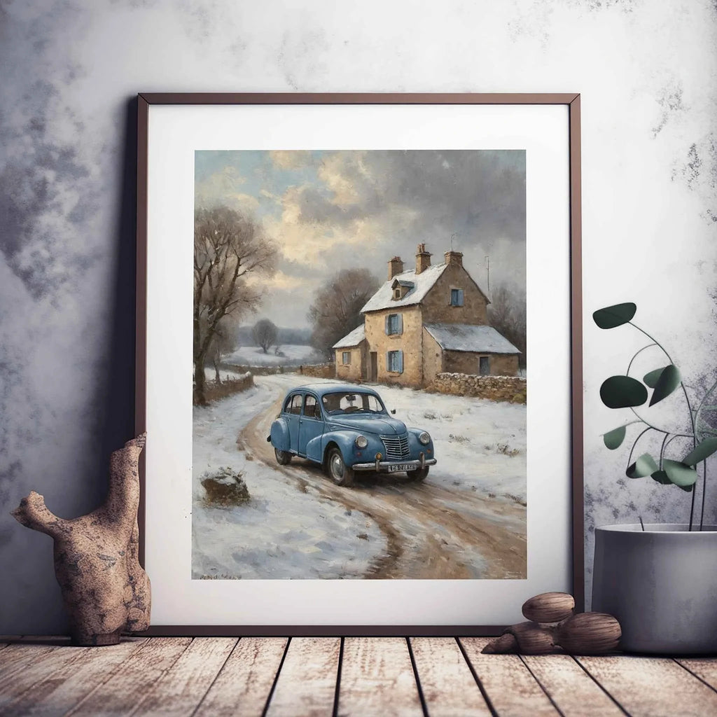 1952 French Economy Pioneer Winter Cottage Wall Art | Vintage Snowy Landscape