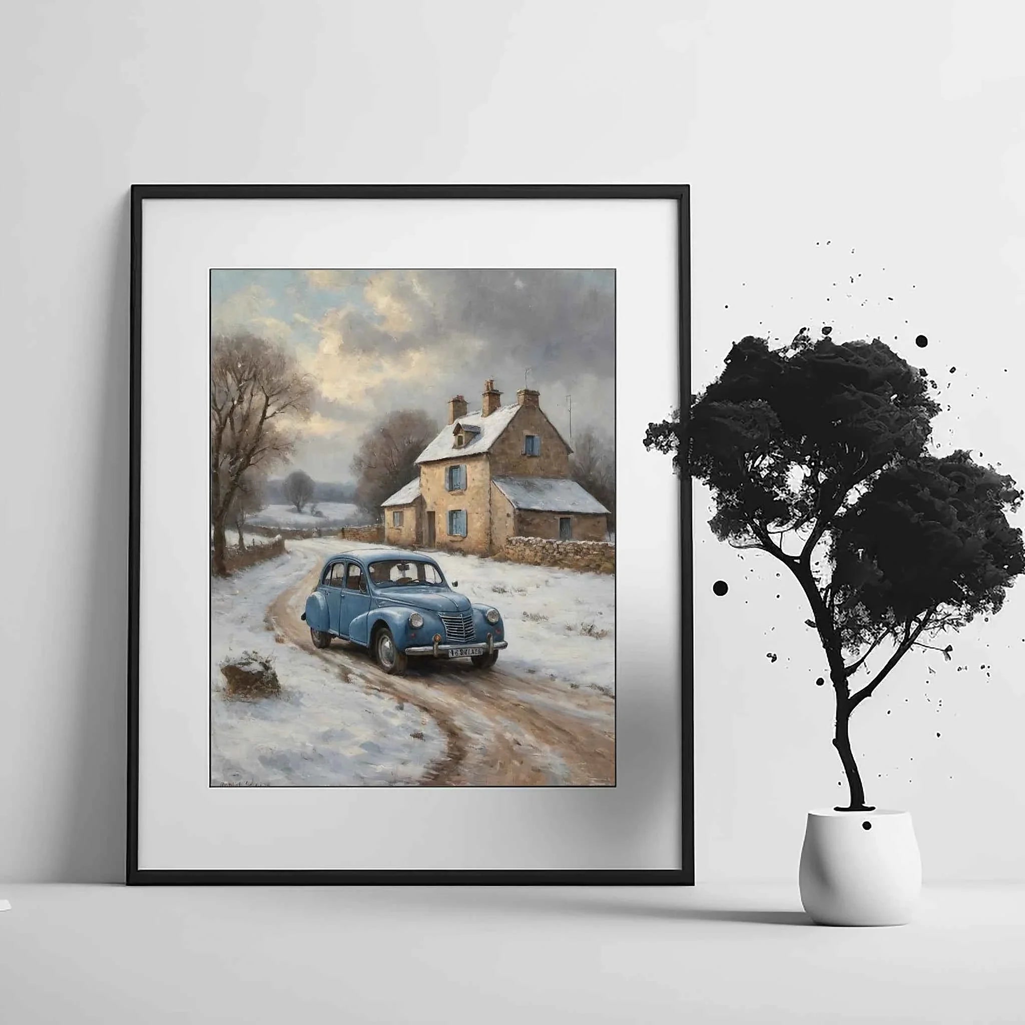 1952 French Economy Pioneer Winter Cottage Wall Art | Vintage Snowy Landscape