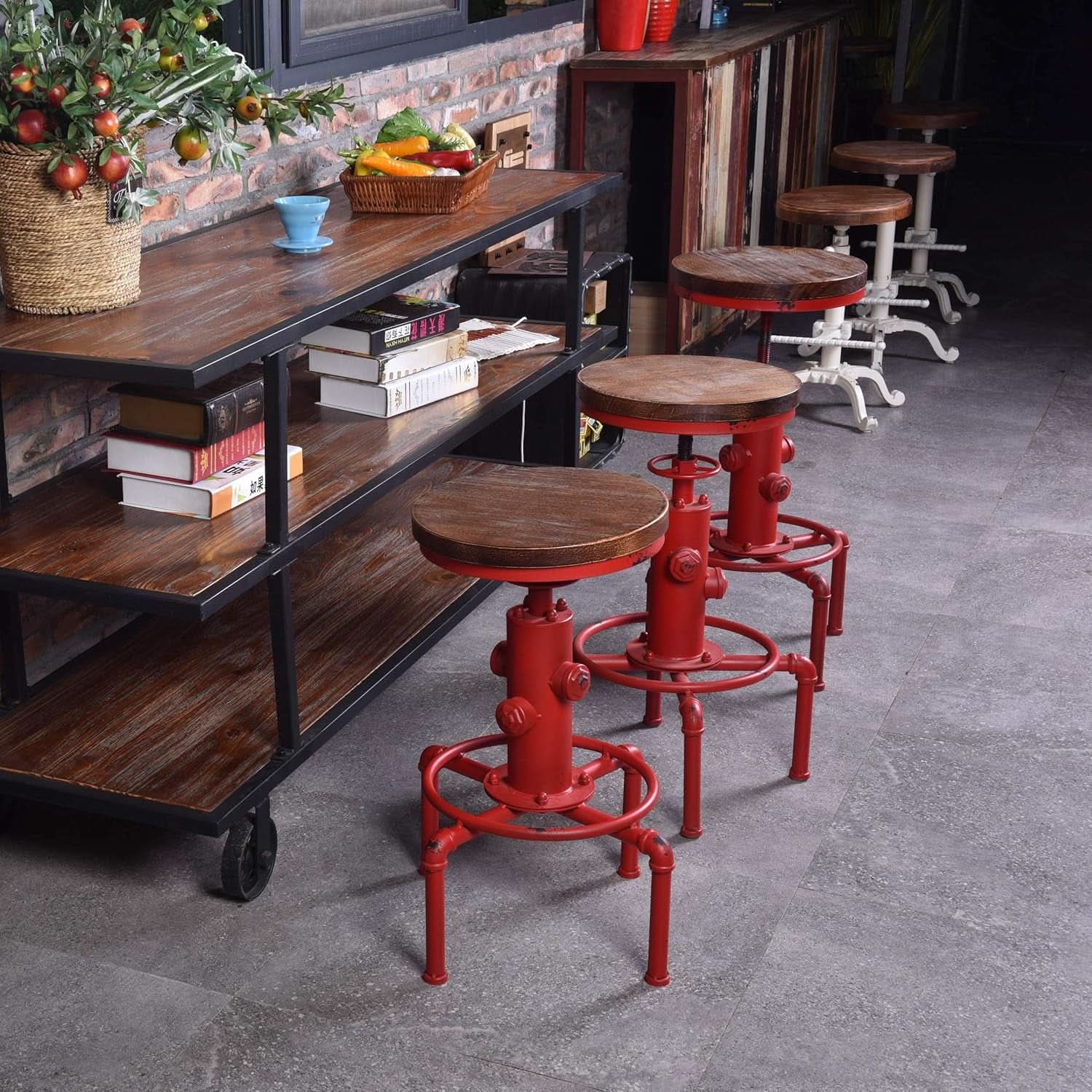 Antique Industrial Barstools Set With Adjustable Wooden Seats