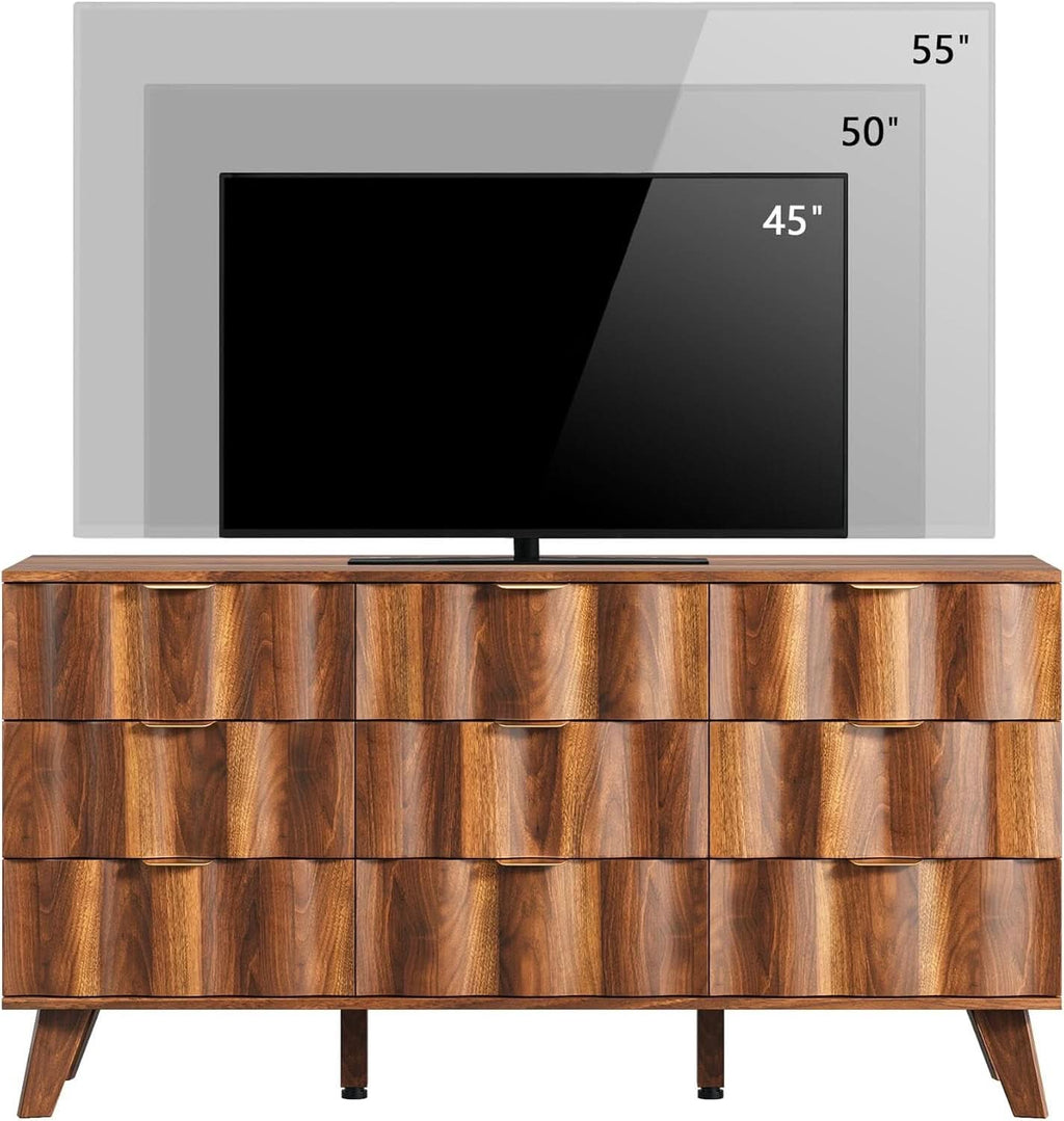 Walnut 9 Drawer Dresser With Fluted Fronts For Bedroom
