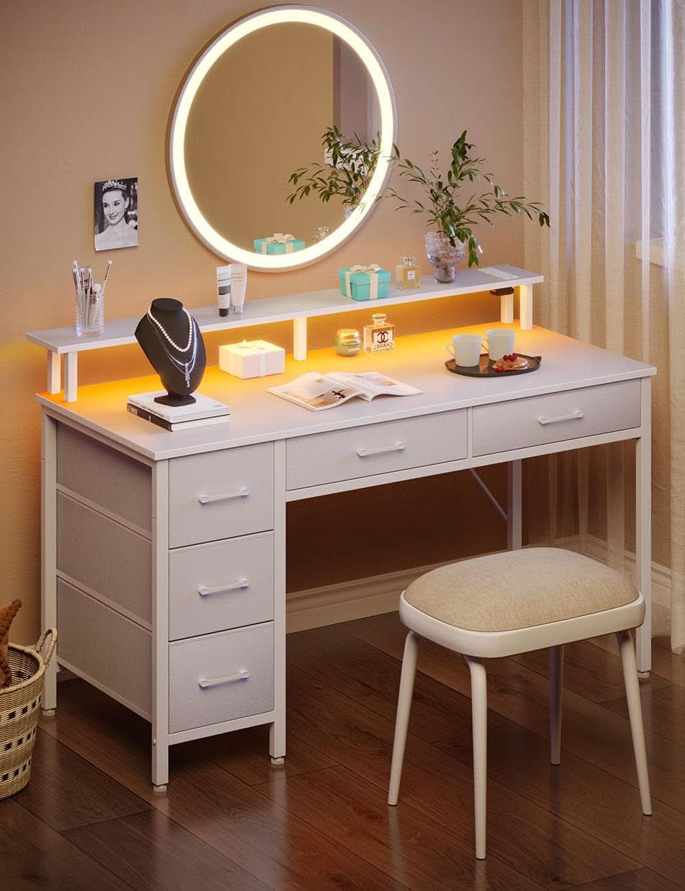 39 Inch Computer Desk Power Outlets LED Light White