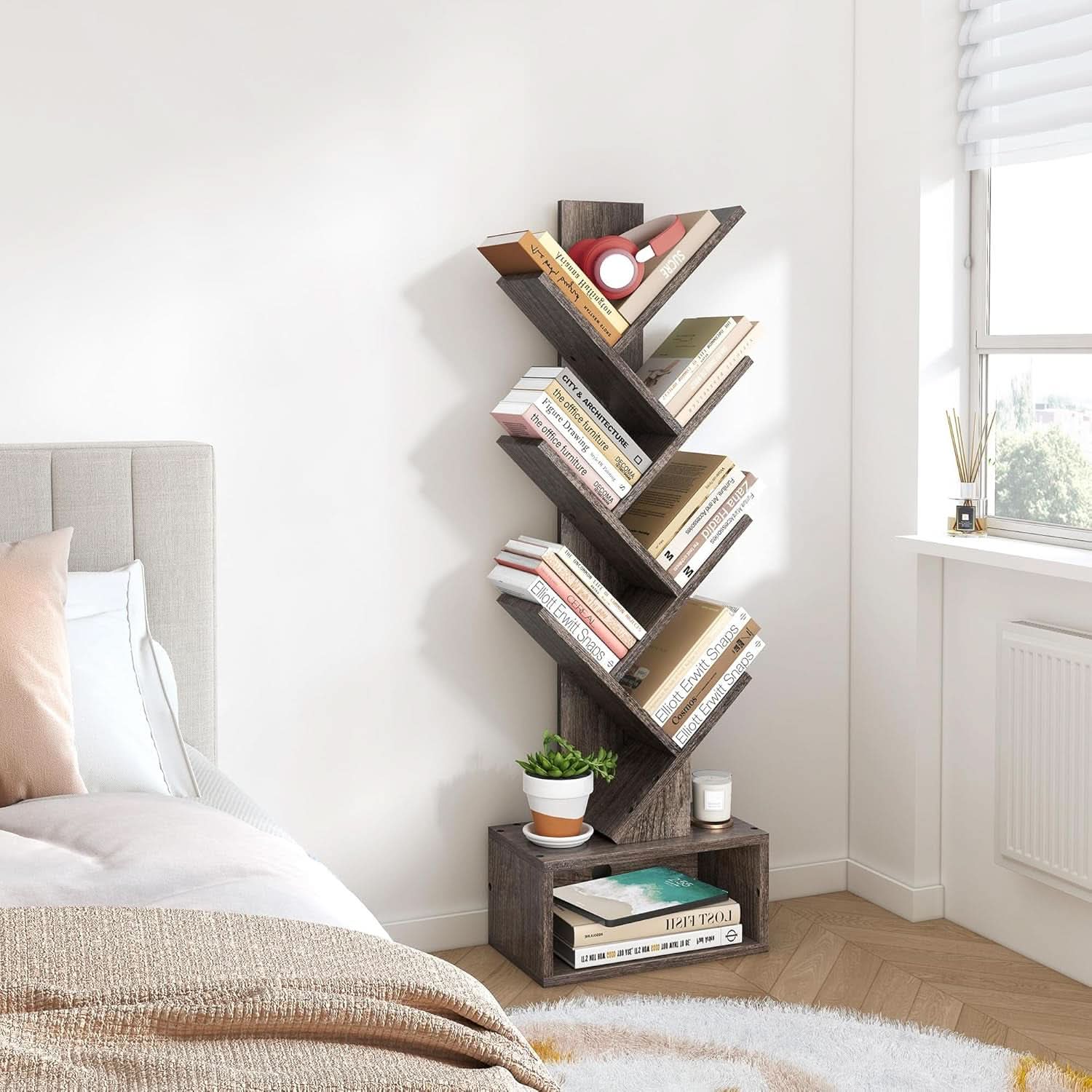 6 Tier Tree Bookshelf Bookcase With Drawer Grey Office