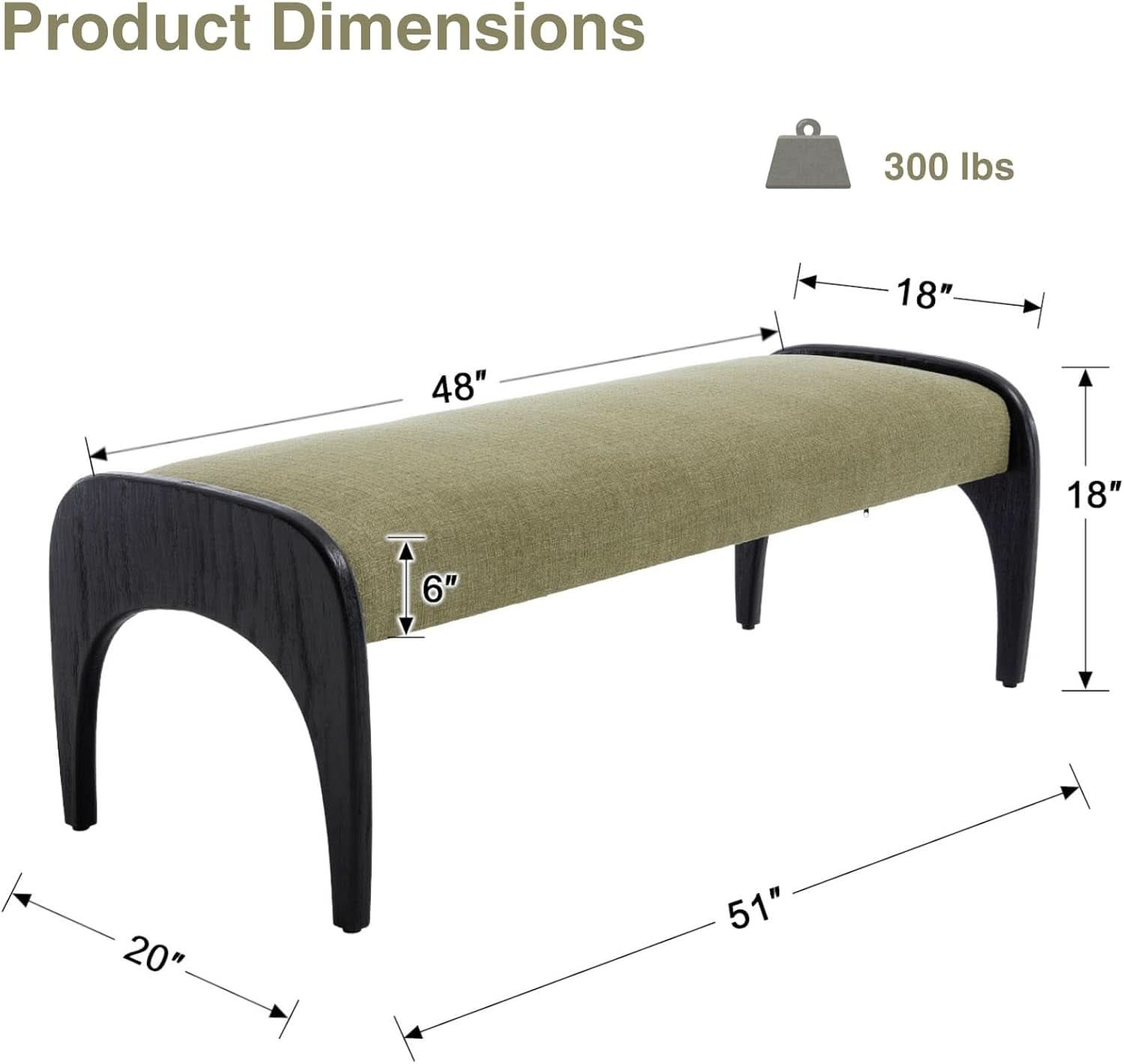 51 Inches Wide Linen Textured Emerald Ottoman Bench