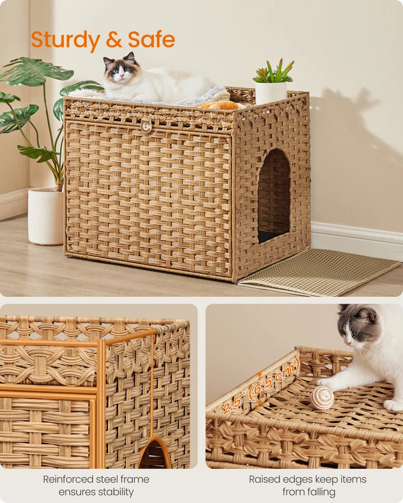 Boho Handwoven Rattan Hidden Litter Box Furniture — Washable Tray & Litter Mat Included