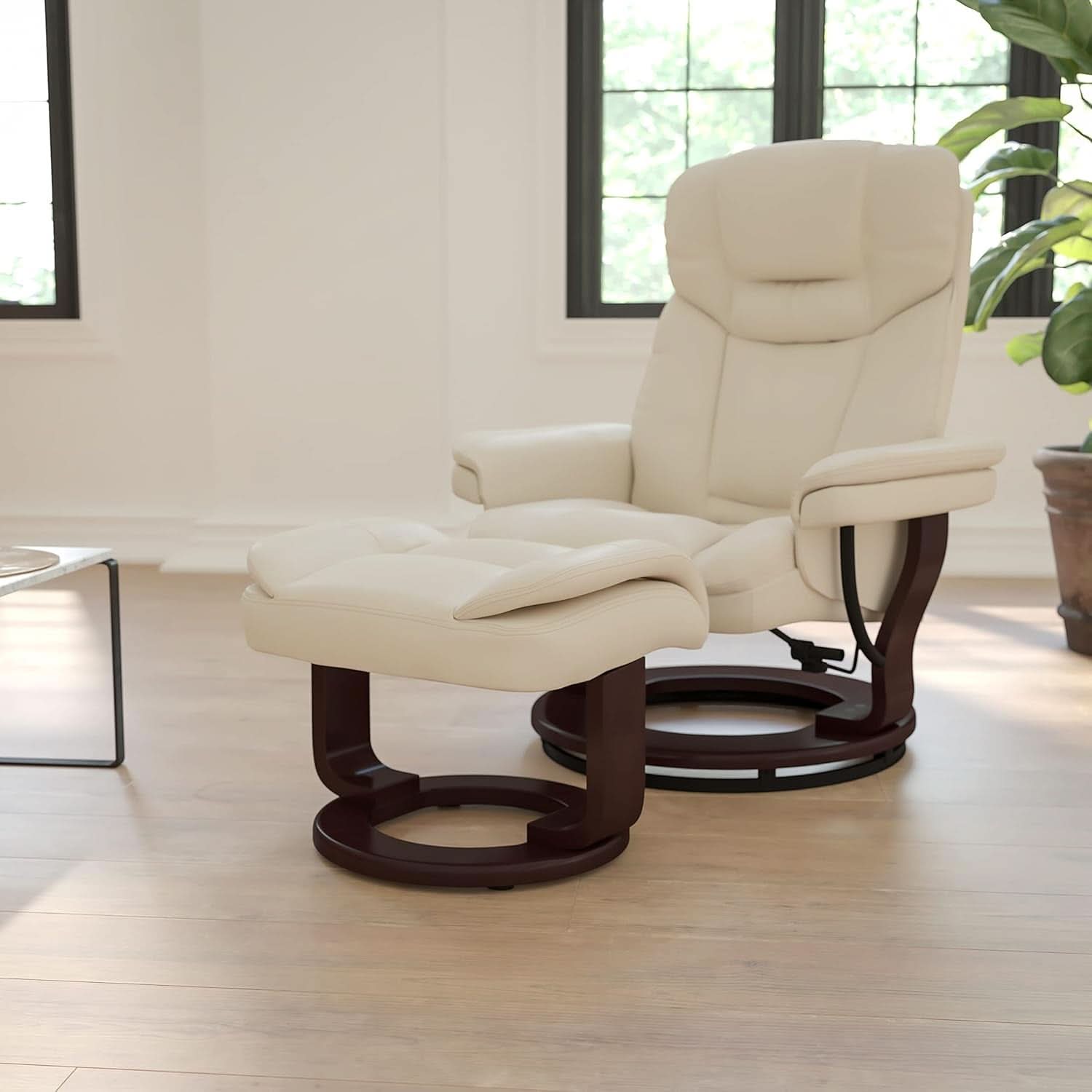 Beige Leathersoft Upholstered Recliner With Ottoman