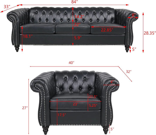 Modern Black Faux Leather Tufted Sofa and Chair Set
