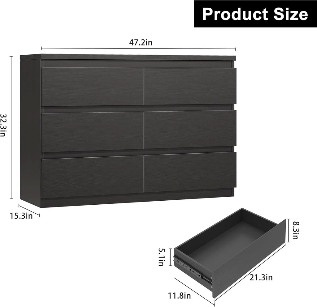 Black Six Drawers Solid Wood Dresser Sturdy Construction
