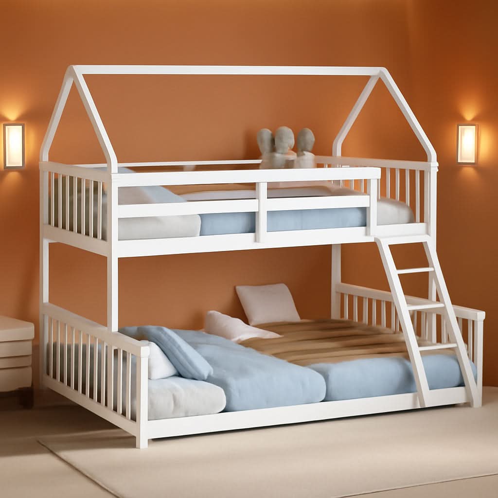Solid Wood Twin Over Full Bunk Bed White With Guardrails