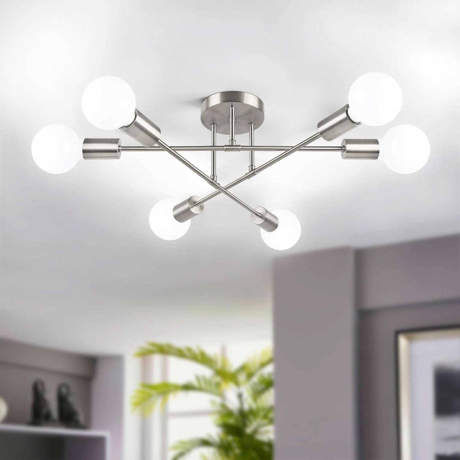 Six Light Sputnik Chandelier Brushed Nickel Fixture