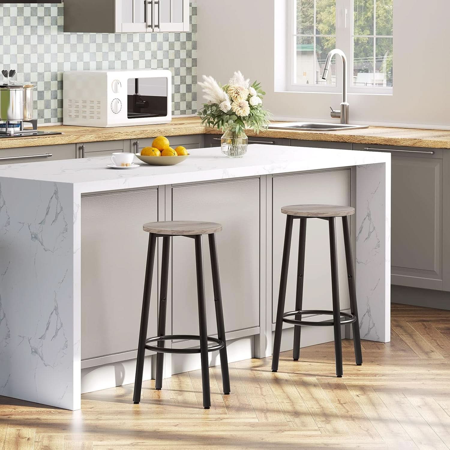 Greige Bar Stools Set Of 2 11.8 Inch Square Seats With Footrest