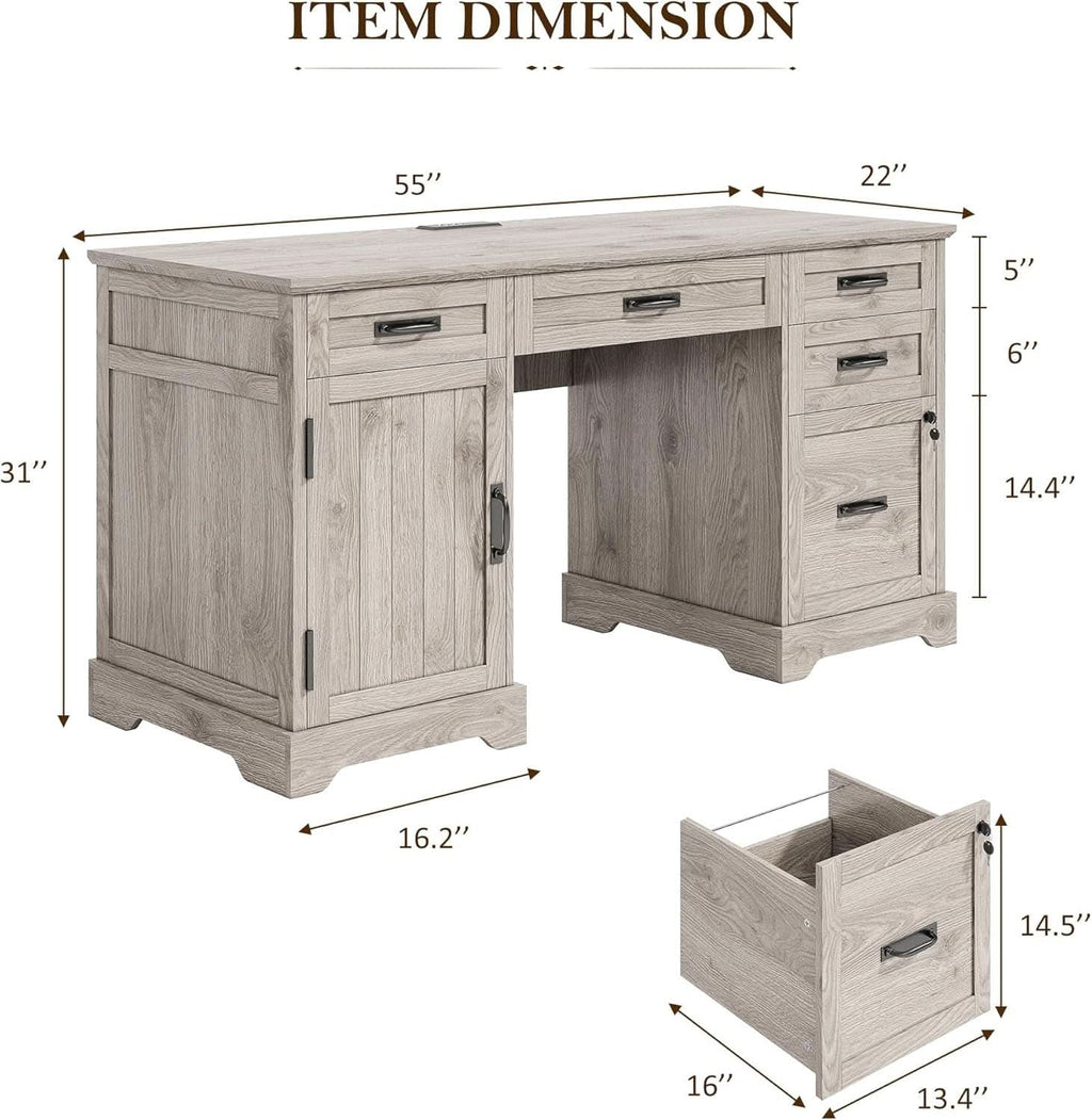 55 Inch Farmhouse Desk White Wash Gray Home Office