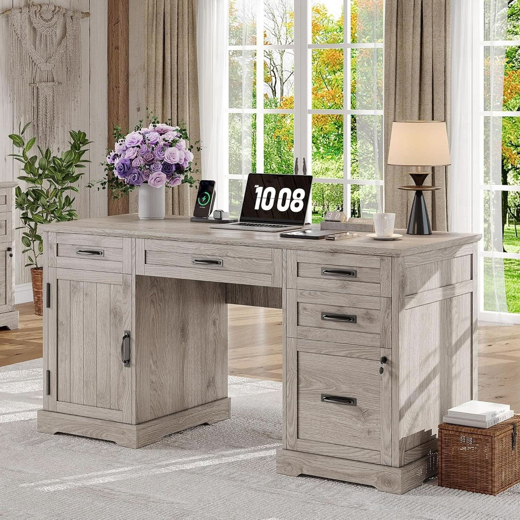 55 Inch Farmhouse Desk White Wash Gray Home Office