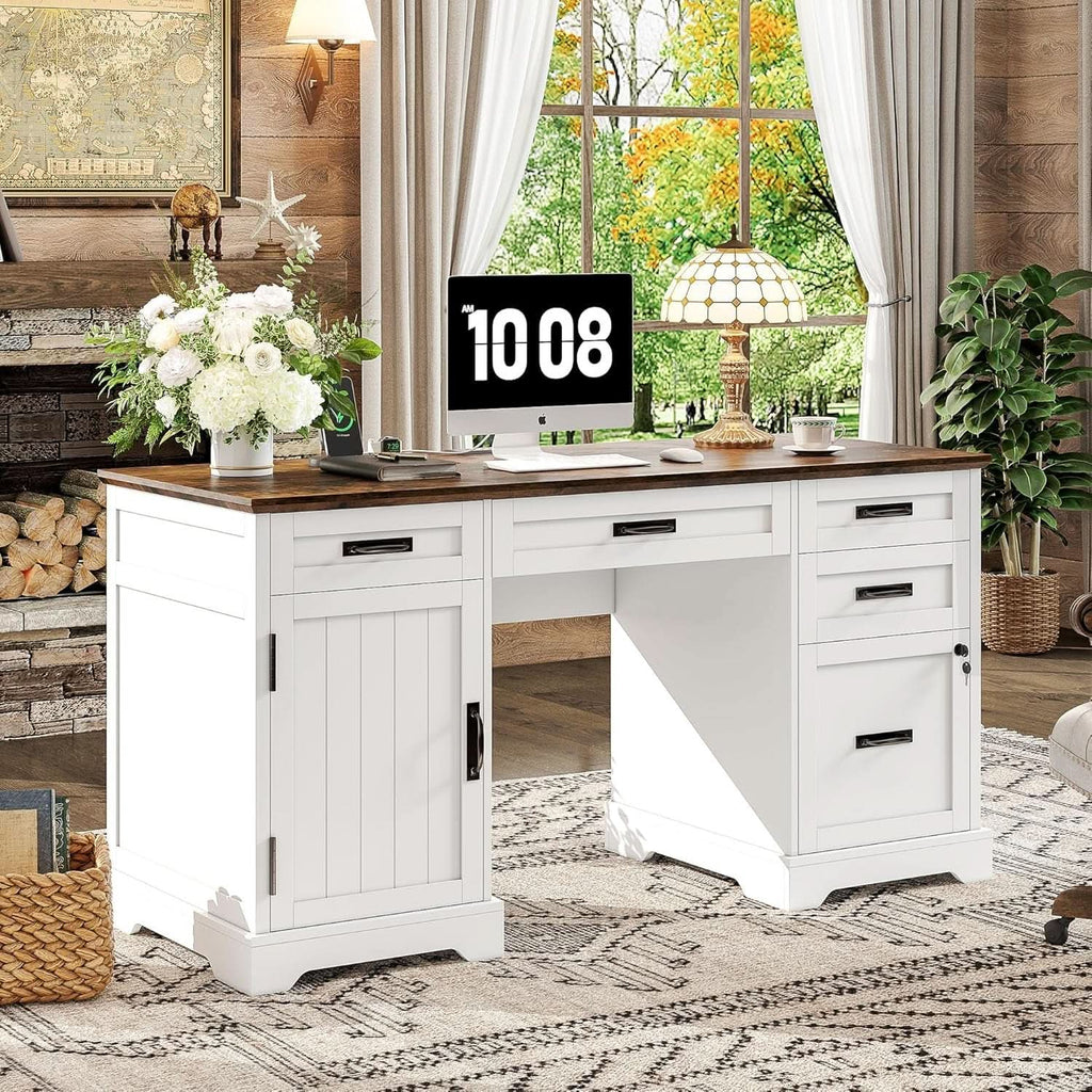 55 Inch Farmhouse Executive Desk With File Cabinet And Power Outlets