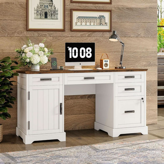 55 Inch Farmhouse Executive Desk With File Cabinet And Power Outlets