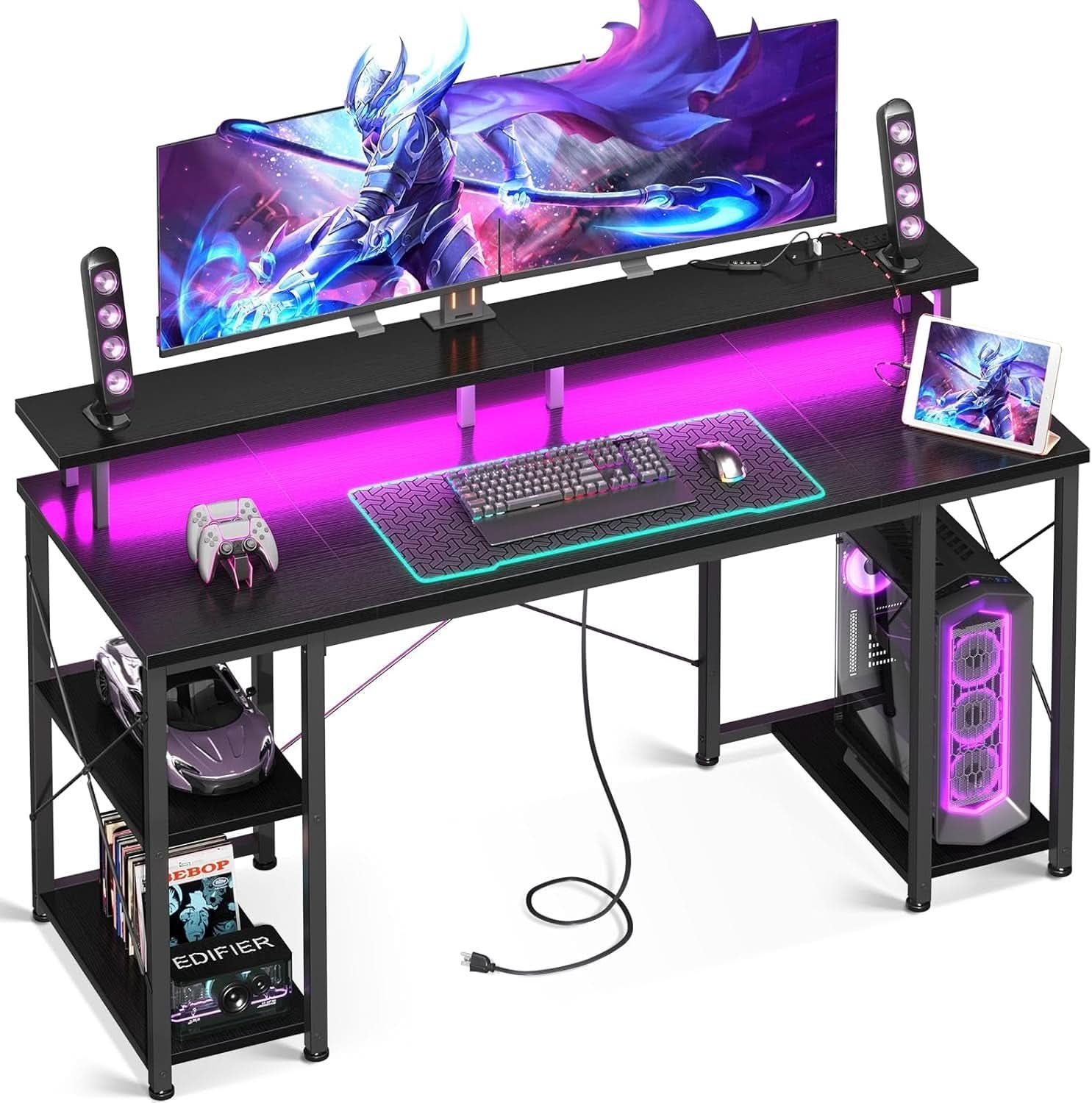55 Inch Gaming Desk With Power Outlets For Home Office