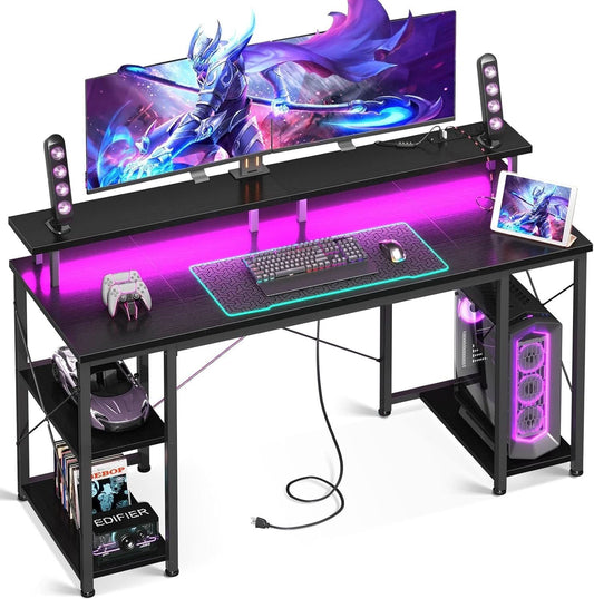 55 Inch Gaming Desk With Power Outlets For Home Office