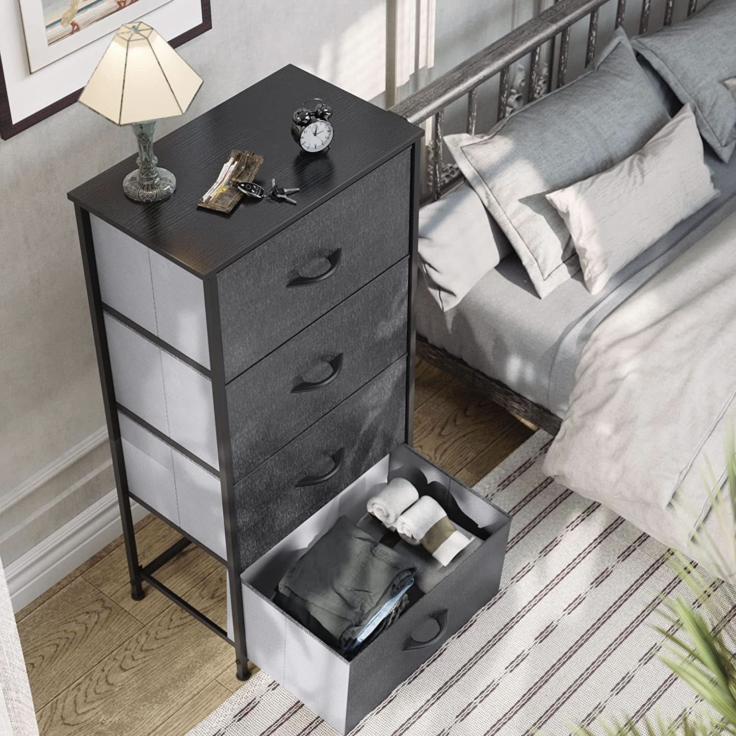 4 Drawer Fabric Storage Tower With Wooden Top For Home