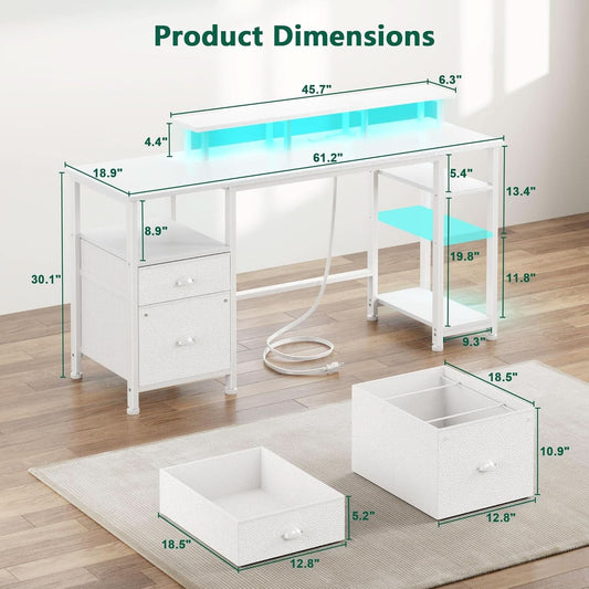 Sixty One Inch Computer Desk LED Illumination White Finish