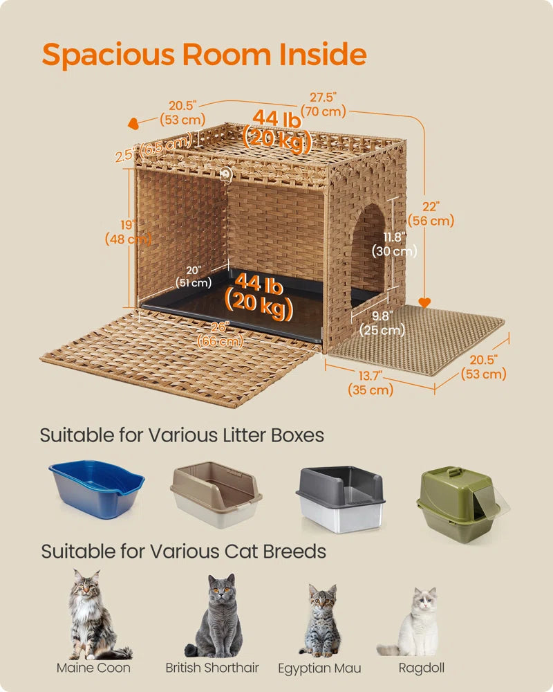 Boho Handwoven Rattan Hidden Litter Box Furniture — Washable Tray & Litter Mat Included
