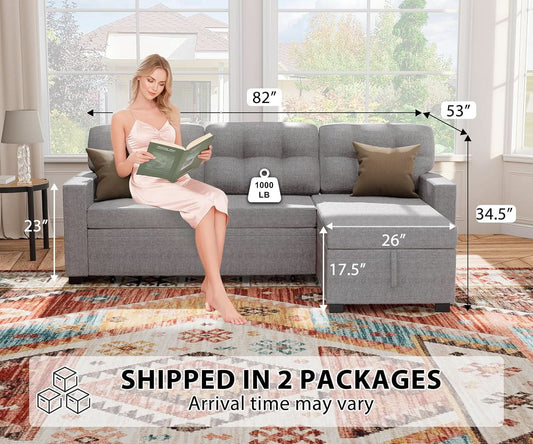 Reversible Sectional Sofa Couch, Sleeper Sofa Bed with Storage Chaise Pull Out Couch for Living Room | Hidden Stroge | Pull Out Bed | Removable Backrest | Linen Fabric, Light Grey