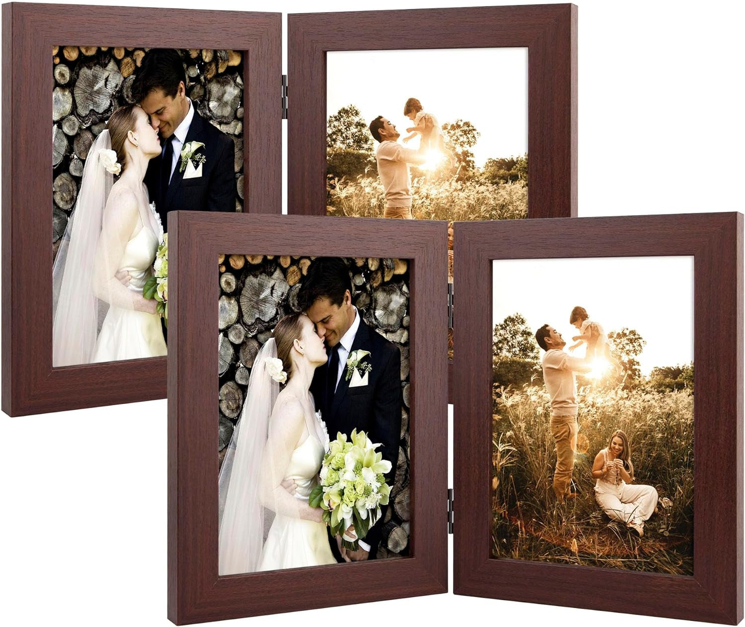 , 5X7 Double Picture Frame Vertical Hinged Photo Frame 2 Opening Folding Family Frames Collage, with Real Glass (5X7, Brown, 2-Pack)