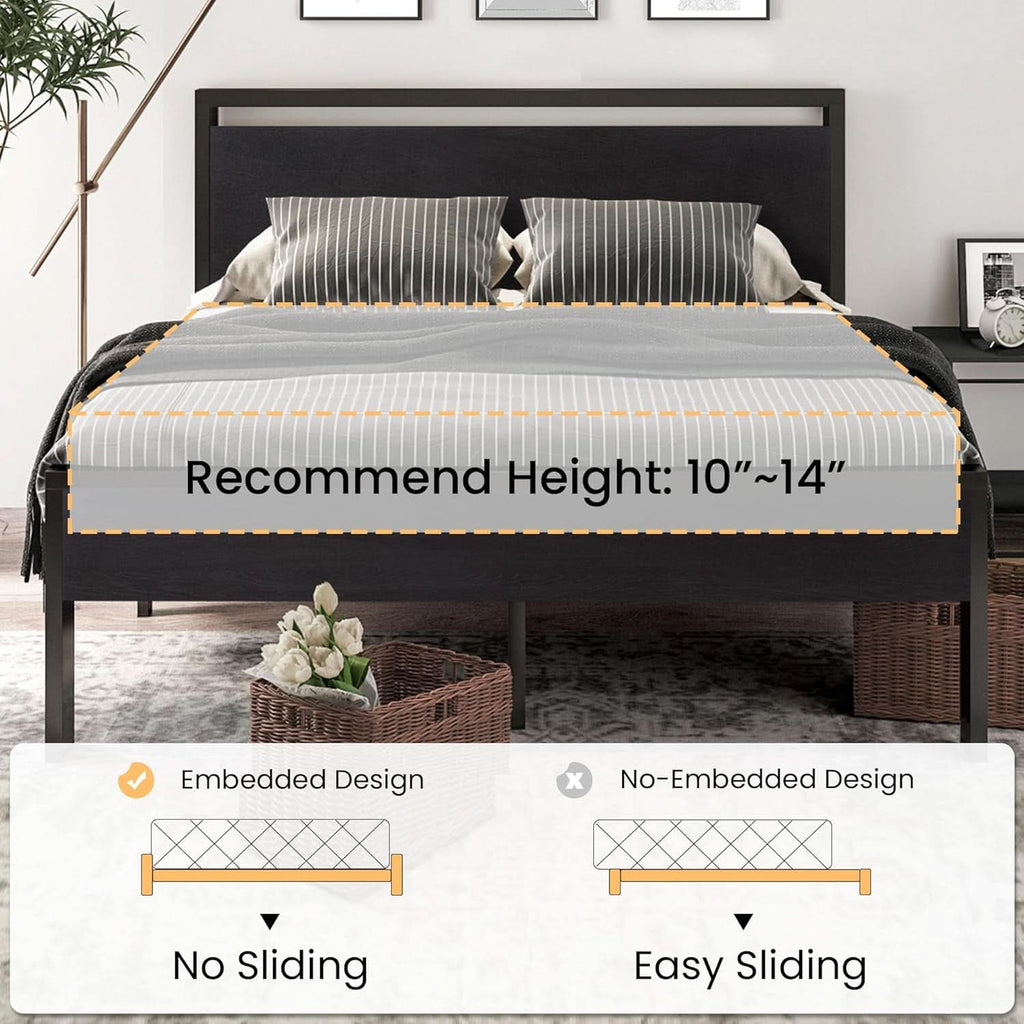 Queen Metal Platform Bed Frame With Storage Black Oak