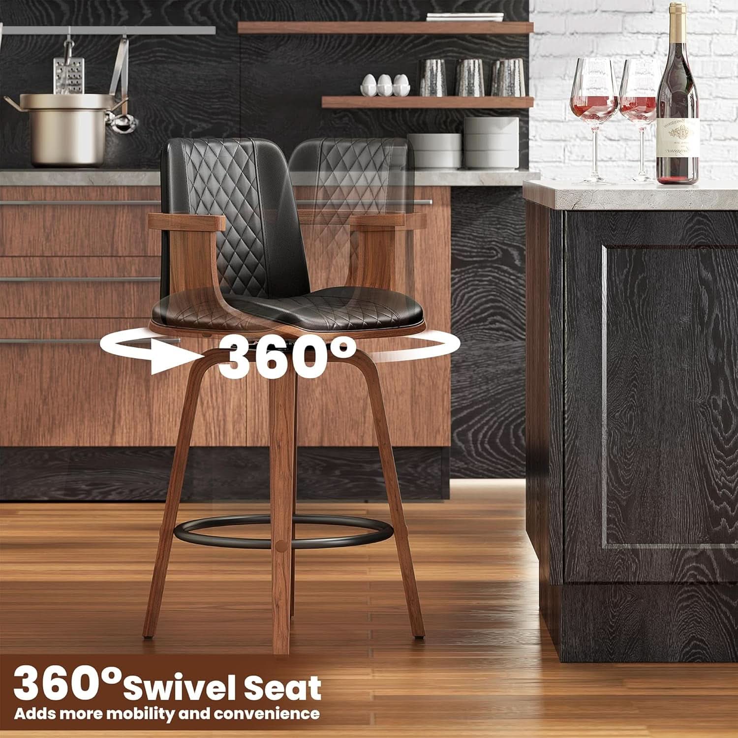 Set Of 3 26 Inch Bar Stools Black PU Leather Upholstery