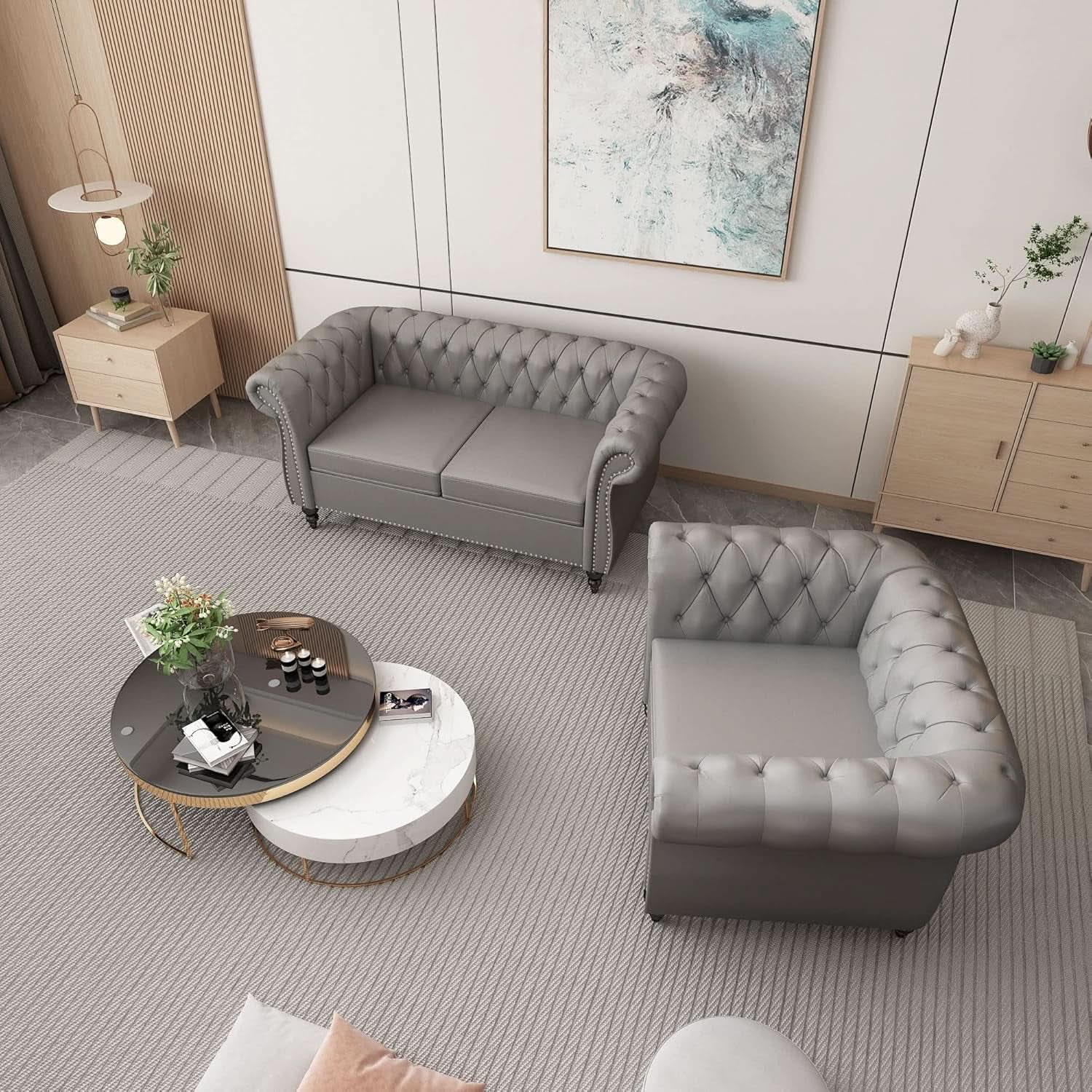 Grey Chesterfield Leather Living Room Set With Scroll Arms